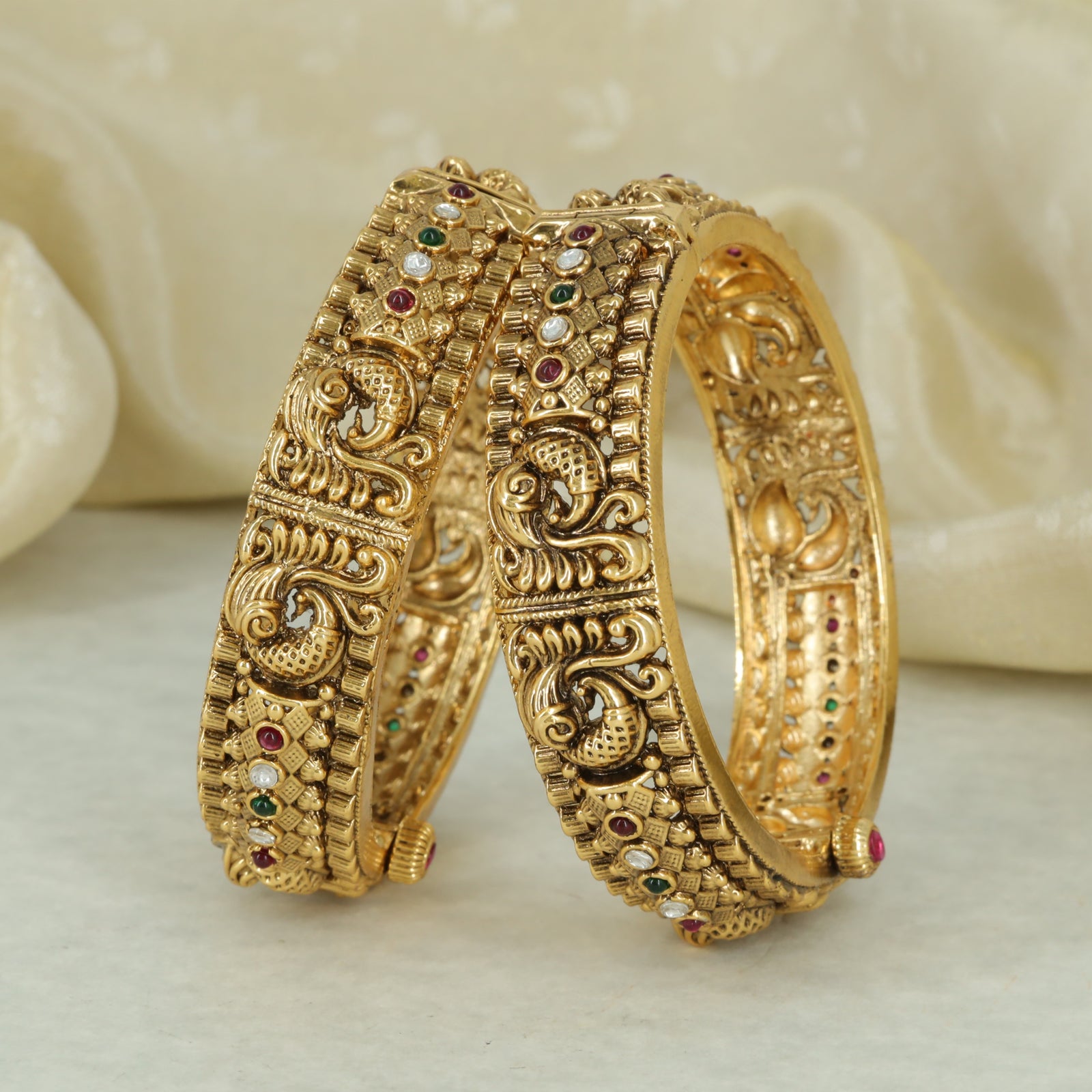 Antique Carved Scrollwork & Floral Bangle Set