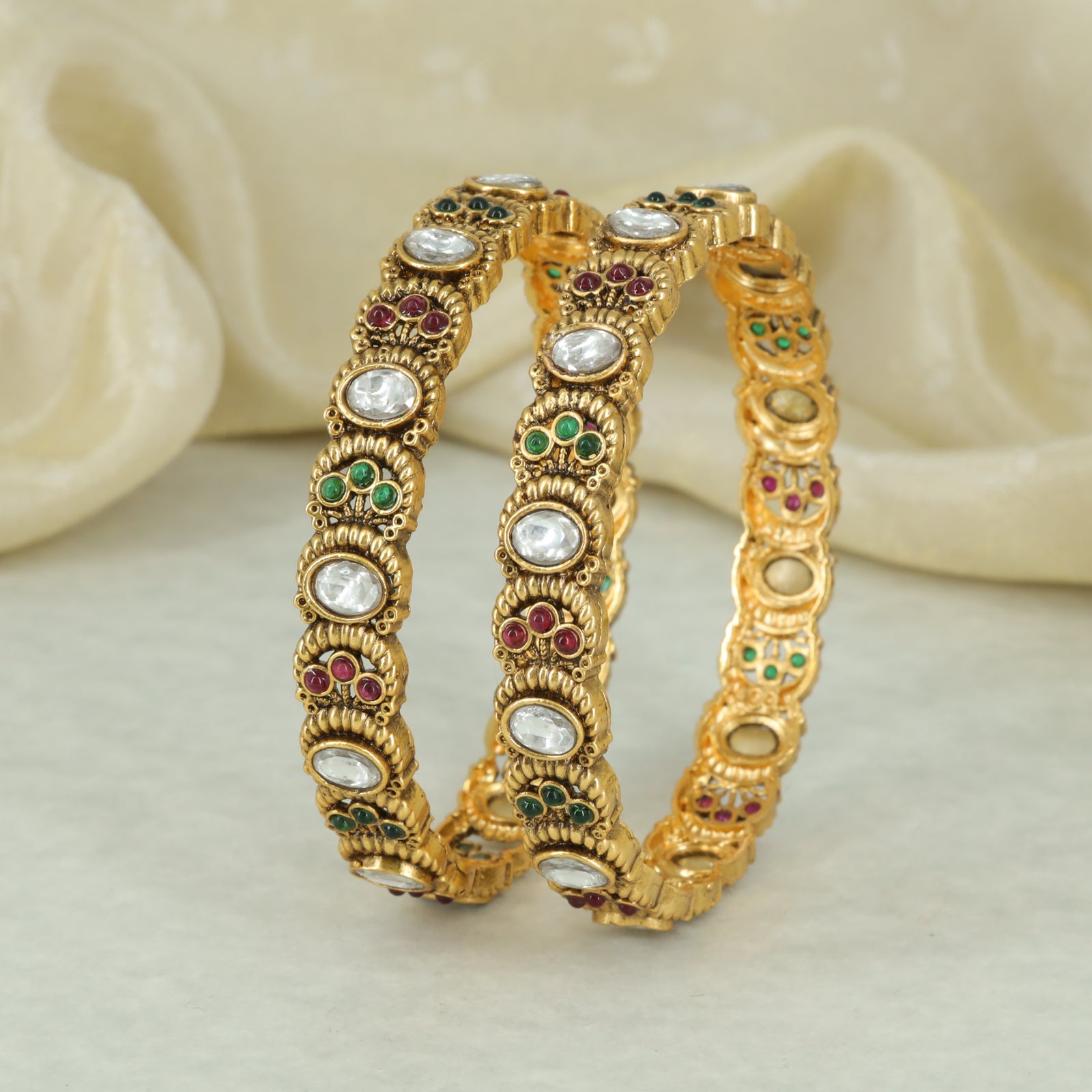 Antique Oval Motif Stone-Set Bangle Pair