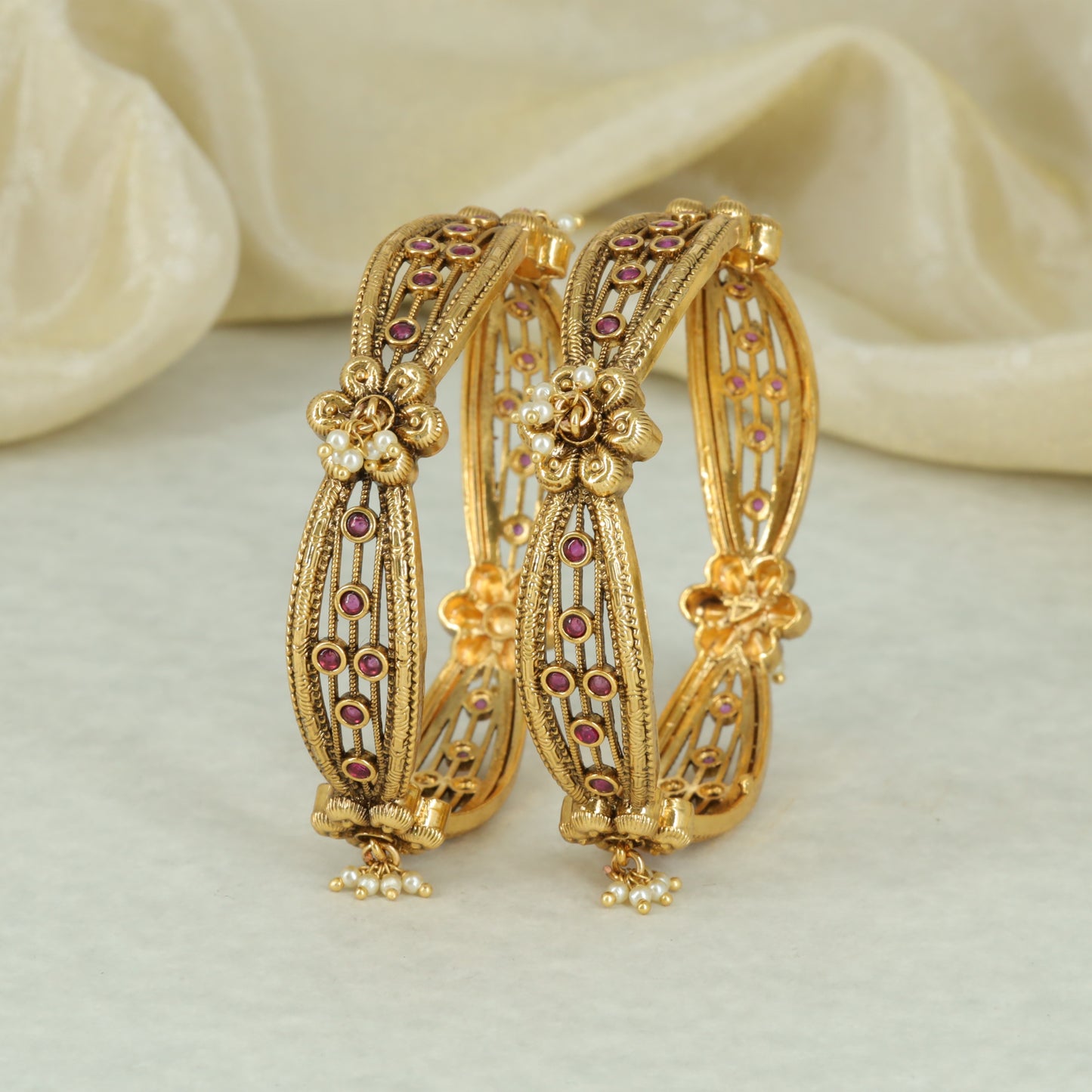 Antique Floral Pearl Accent Openwork Bangle Pair