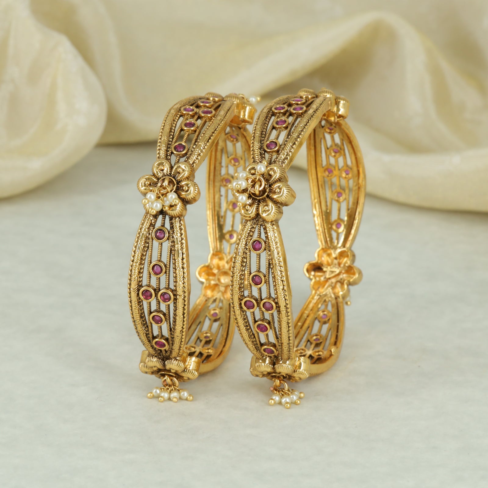 Antique Floral Pearl Accent Openwork Bangle Pair