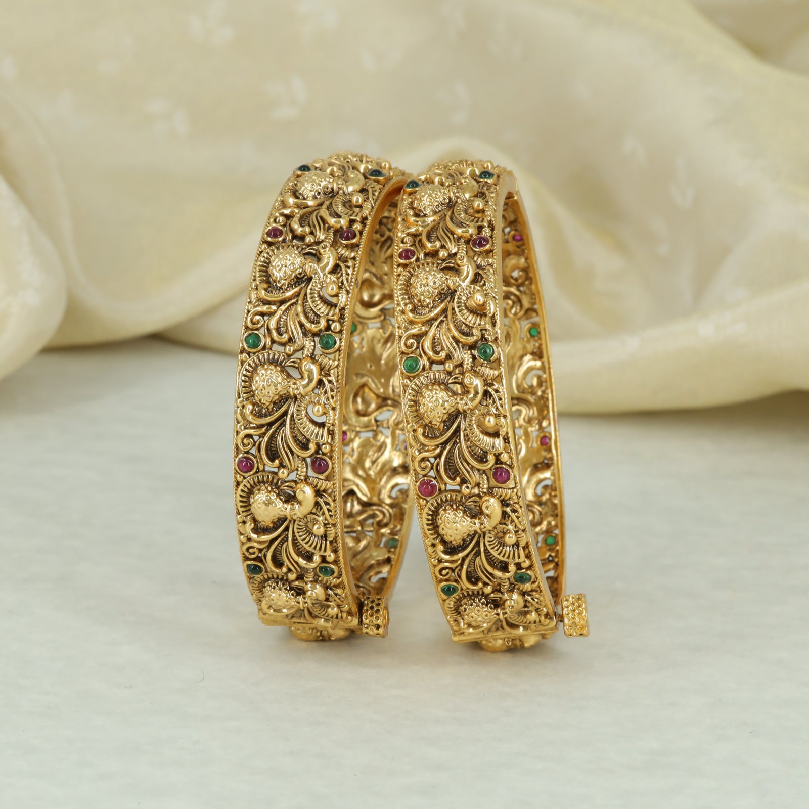 Antique Floral and Peacock Embossed Gold Bangles