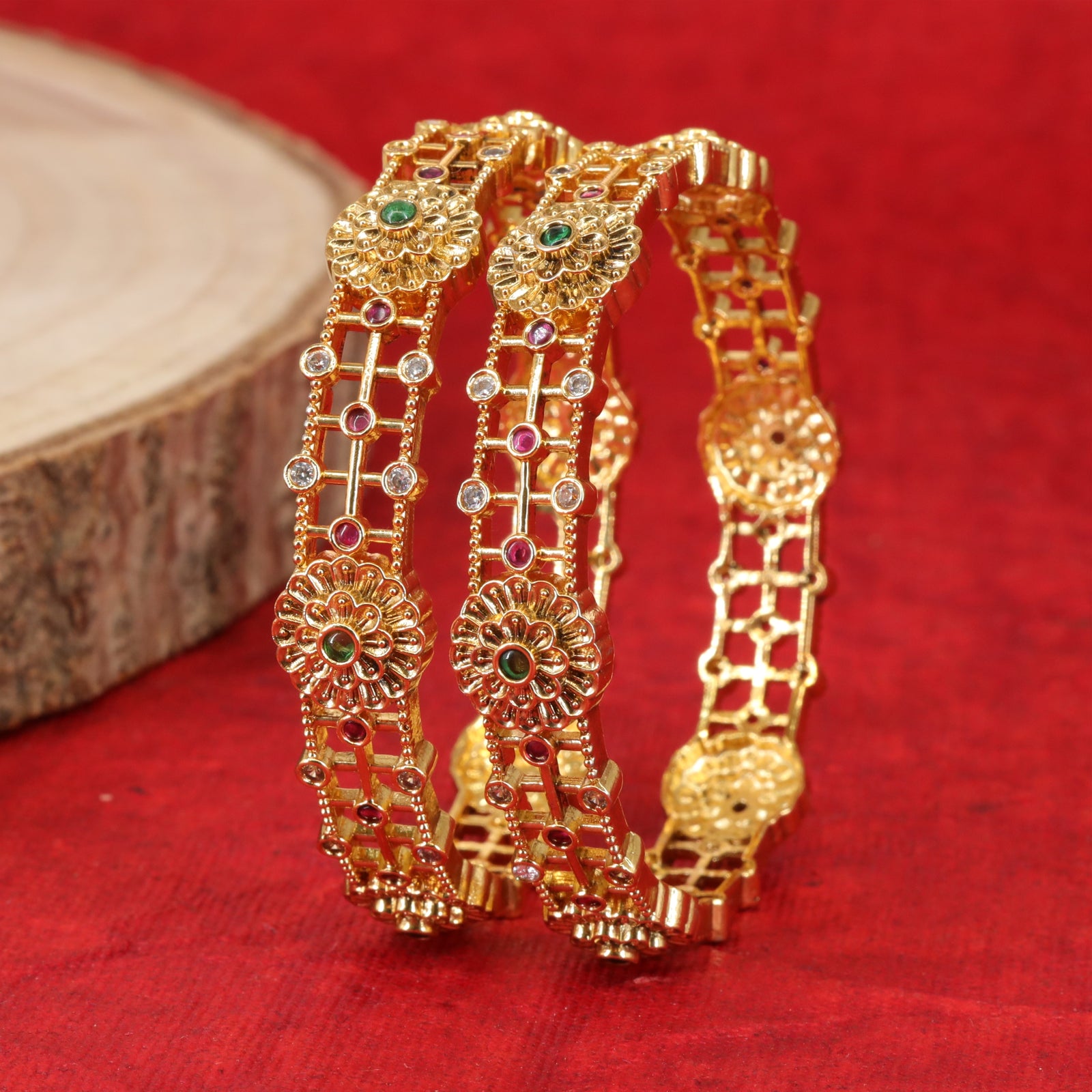 Antique Floral Grid Bangle Set