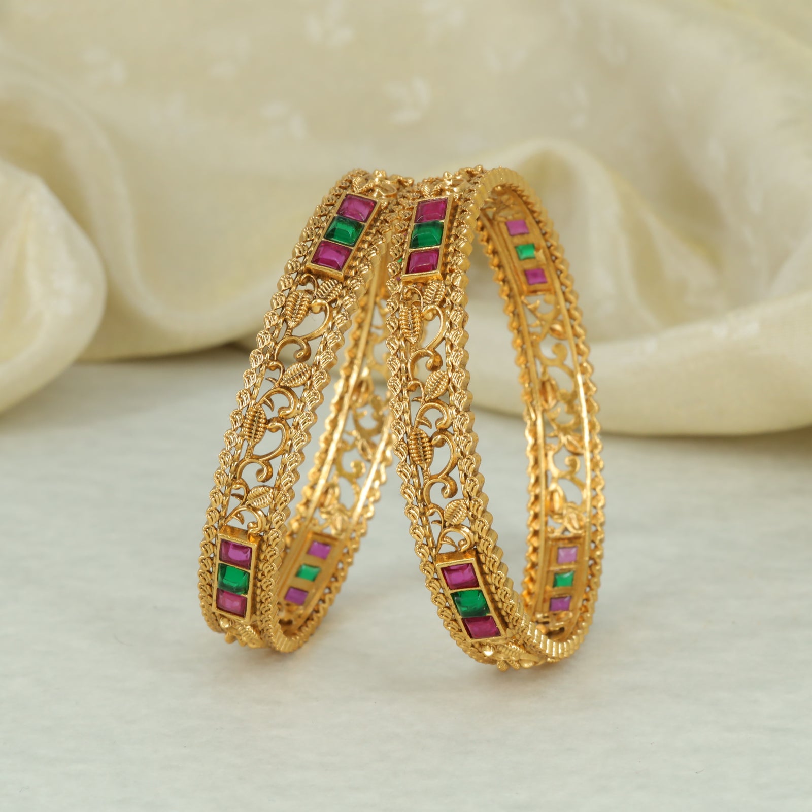 Antique Cutwork Stone Panel Gold Bangles
