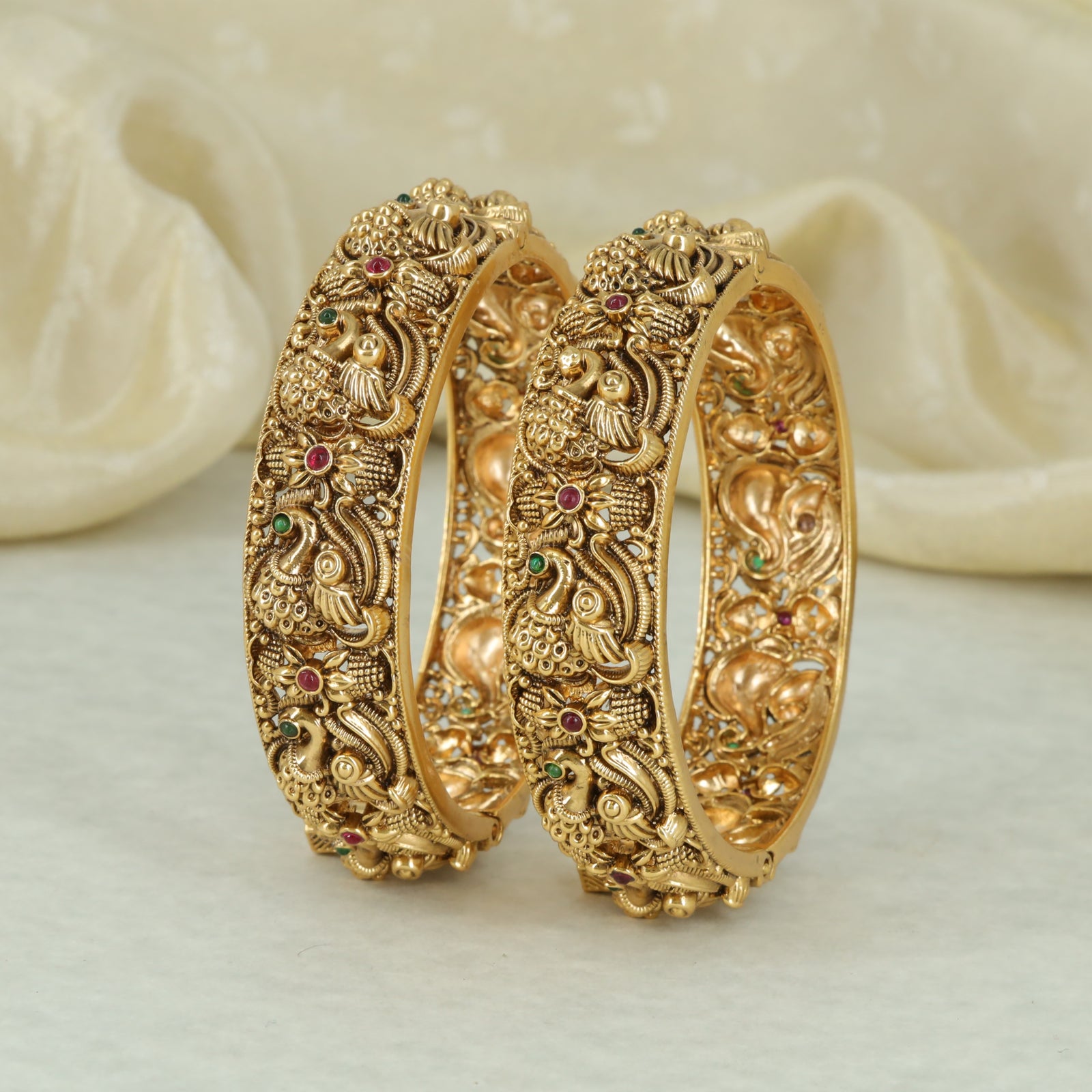 Antique Peacock Relief Carved Gold Bangles