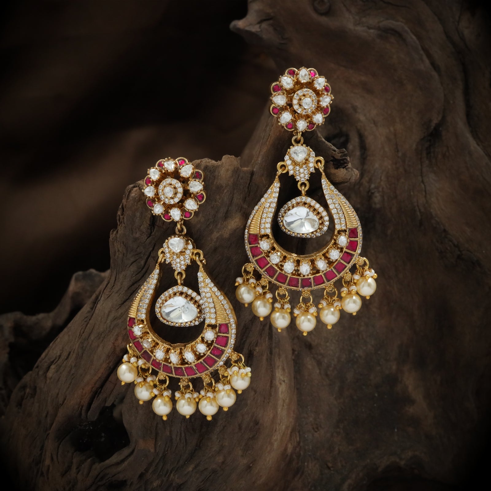 Antique Kundan Pearl Crescent Hangings