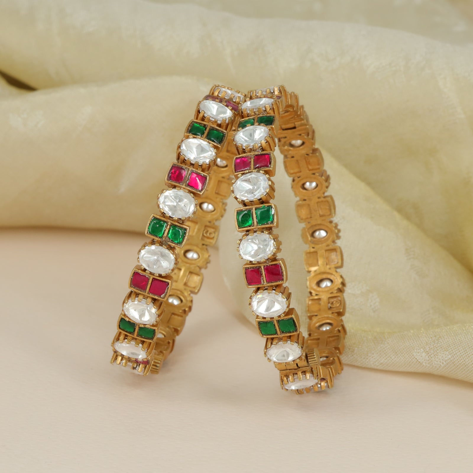 Grand Traditional Kundan Bangles with Alternating Crystal and Accent Links
