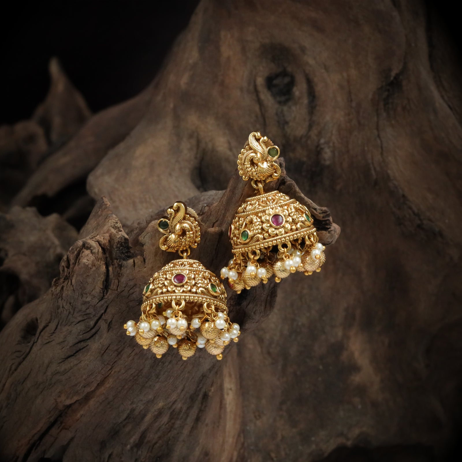Ranjani-Peacock Design Pearl Dome Jhumkas
