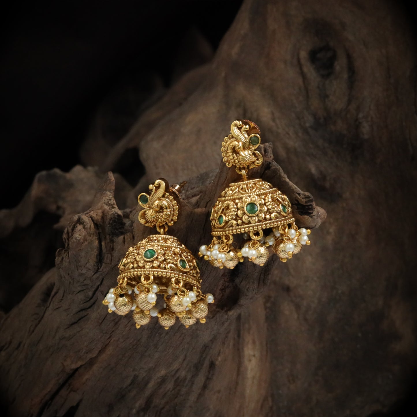 Ranjani-Peacock Design Pearl Dome Jhumkas