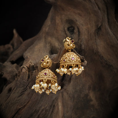 Ranjani-Peacock Design Pearl Dome Jhumkas