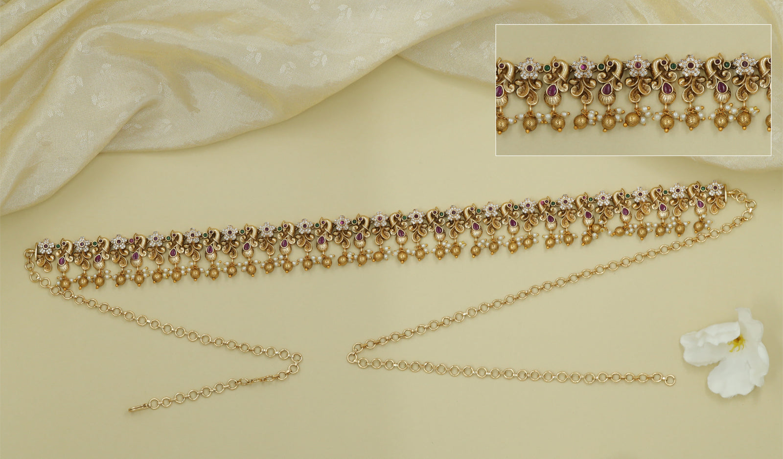 Floral Vine Pearl Fringe Waist Belt