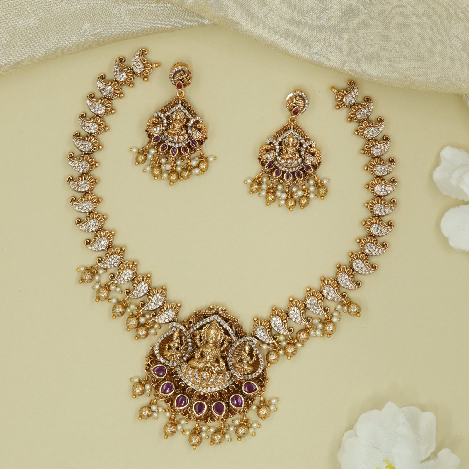 Antique Goddess Lakshmi Peacock Motif Necklace Set