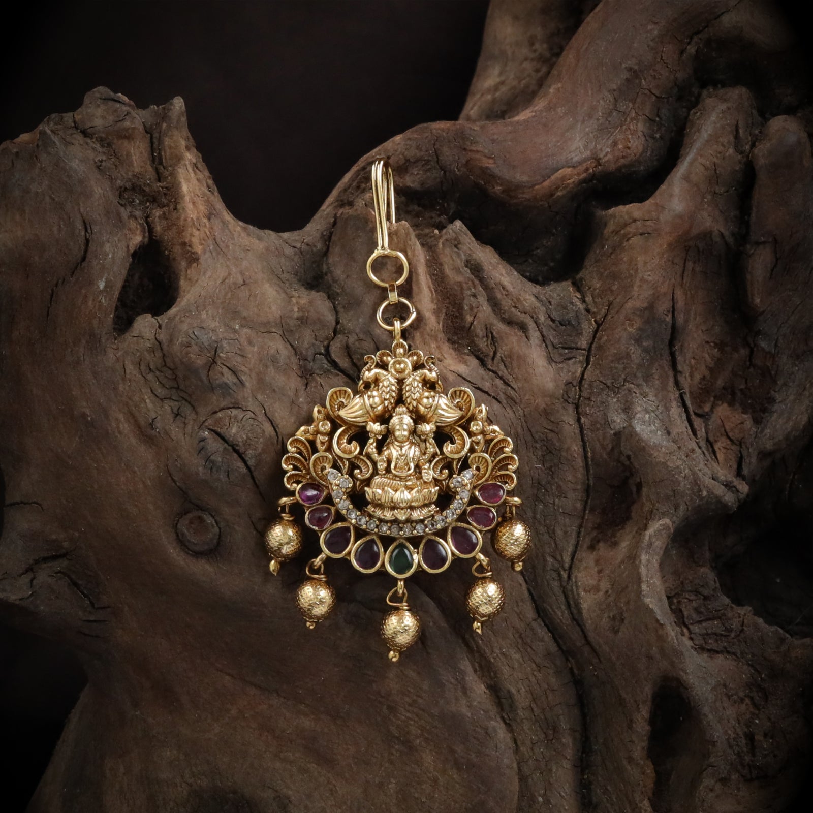 Antique Goddess Lakshmi Twin Peacock Arch Maang Tikka