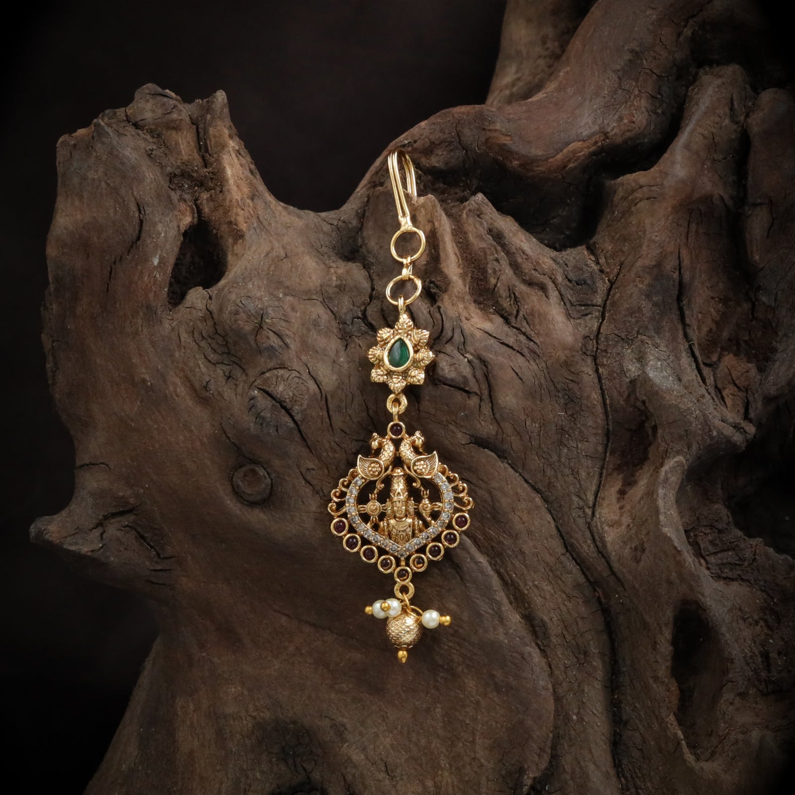 Antique Lord Venkateswara Twin Peacock Medallion Maang Tikka