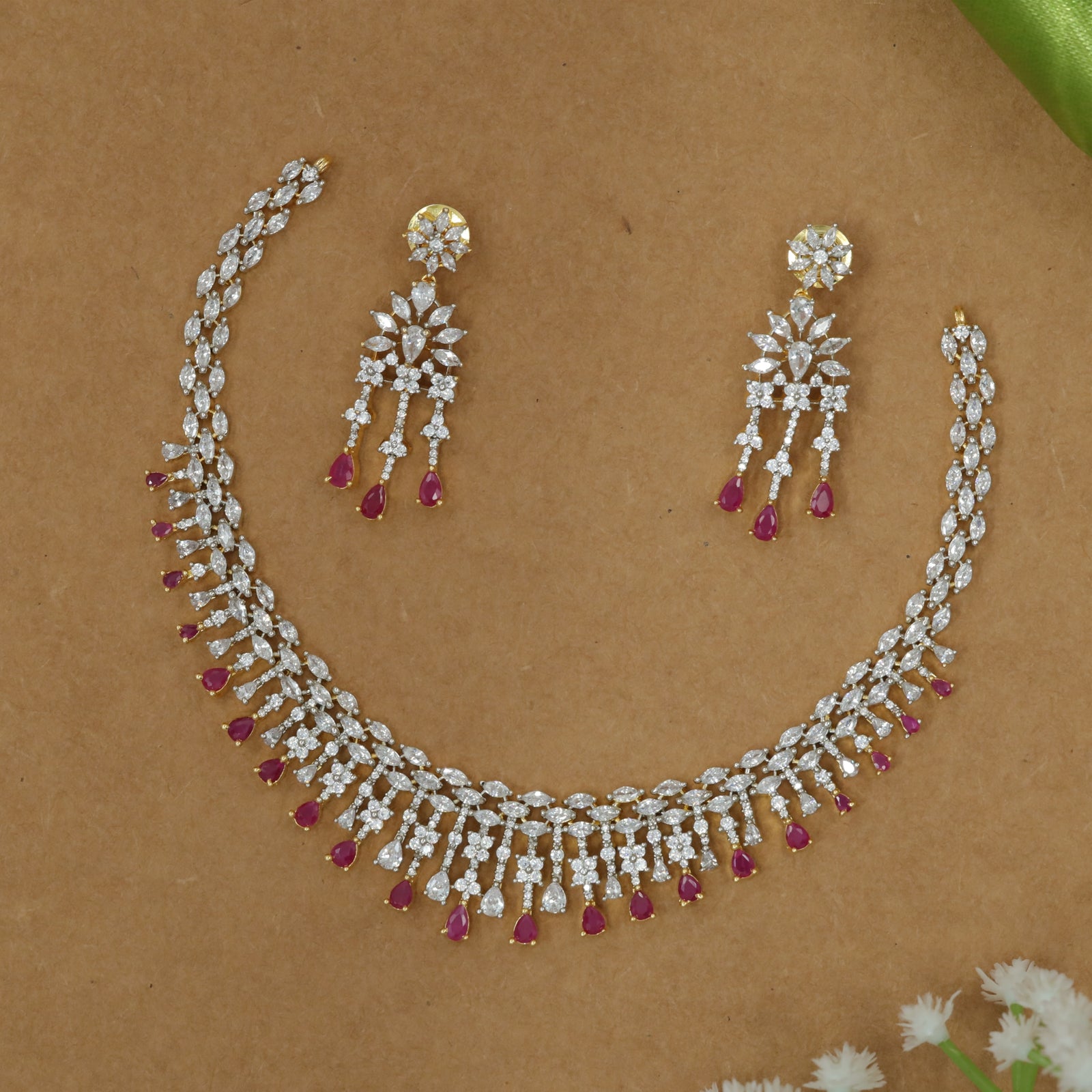 Zircon Structured Necklace with Continuous Flower Link and Hanging Drops