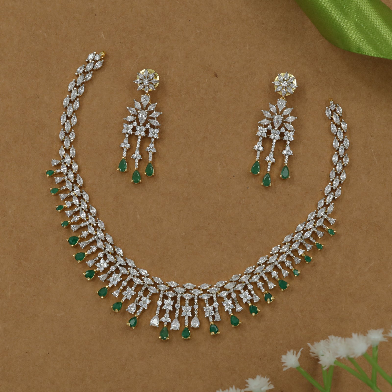Zircon Structured Necklace with Continuous Flower Link and Hanging Drops