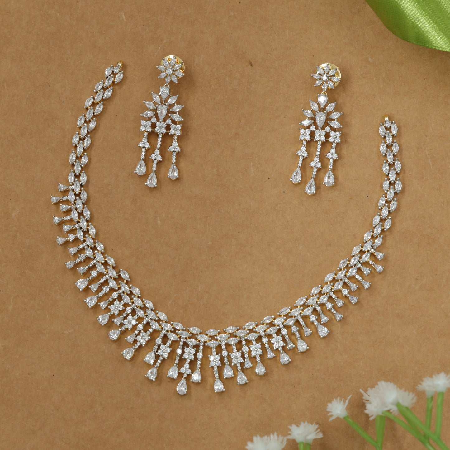 Zircon Structured Necklace with Continuous Flower Link and Hanging Drops