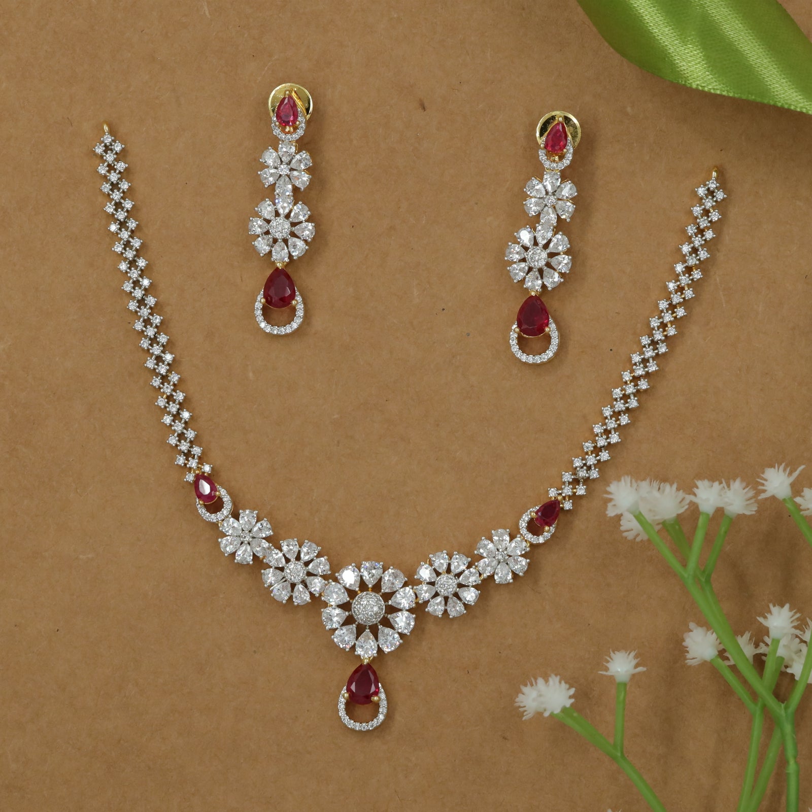 Sculpted Necklace with Floral Cluster Spine and Drop Accent