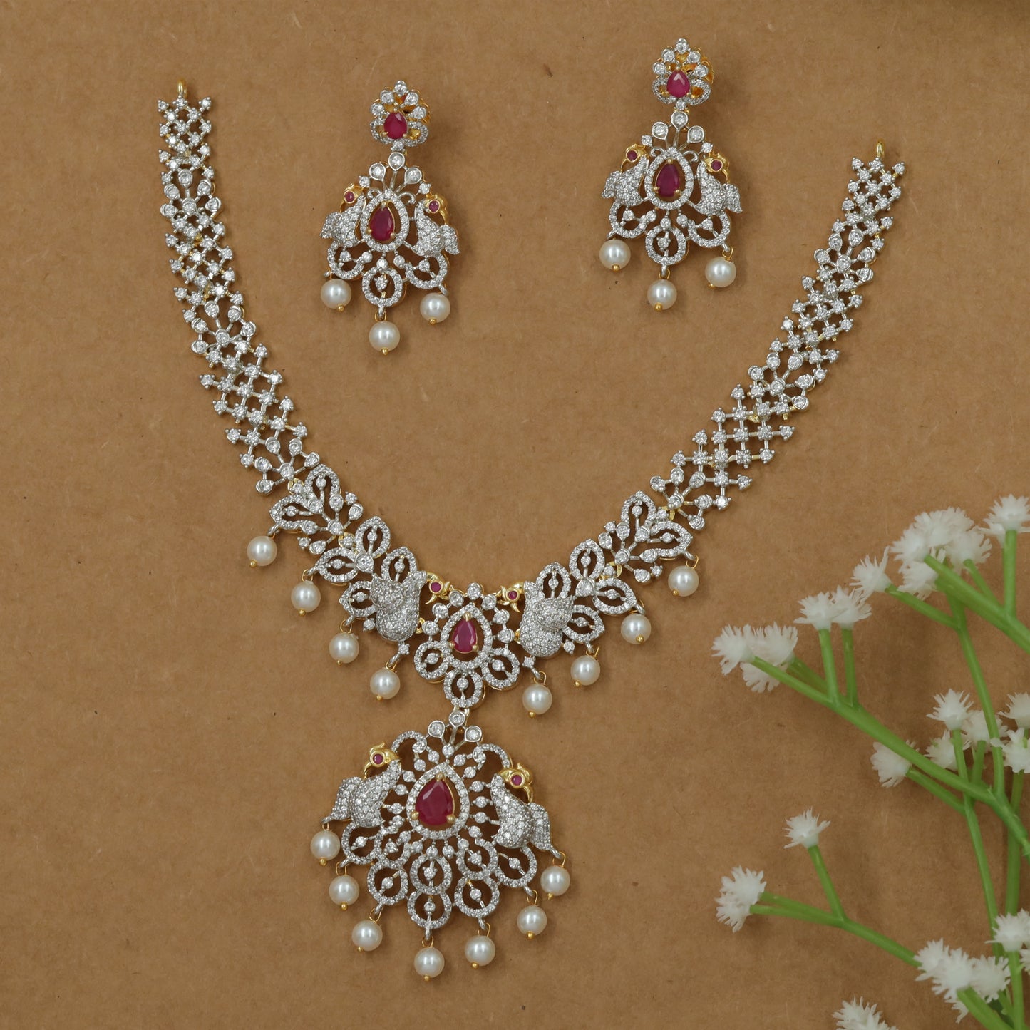 Bridal Peacock Design Necklace with Central Drop Focus