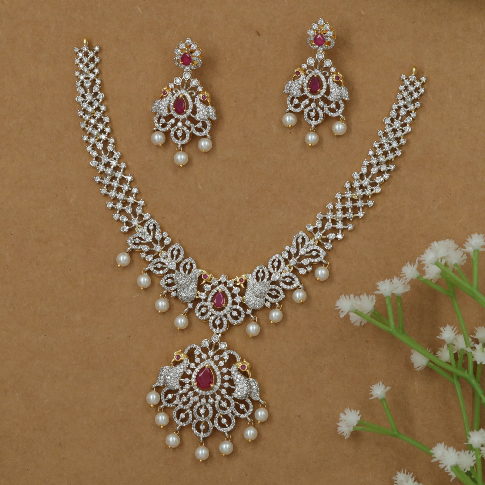 Bridal Peacock Design Necklace with Central Drop Focus