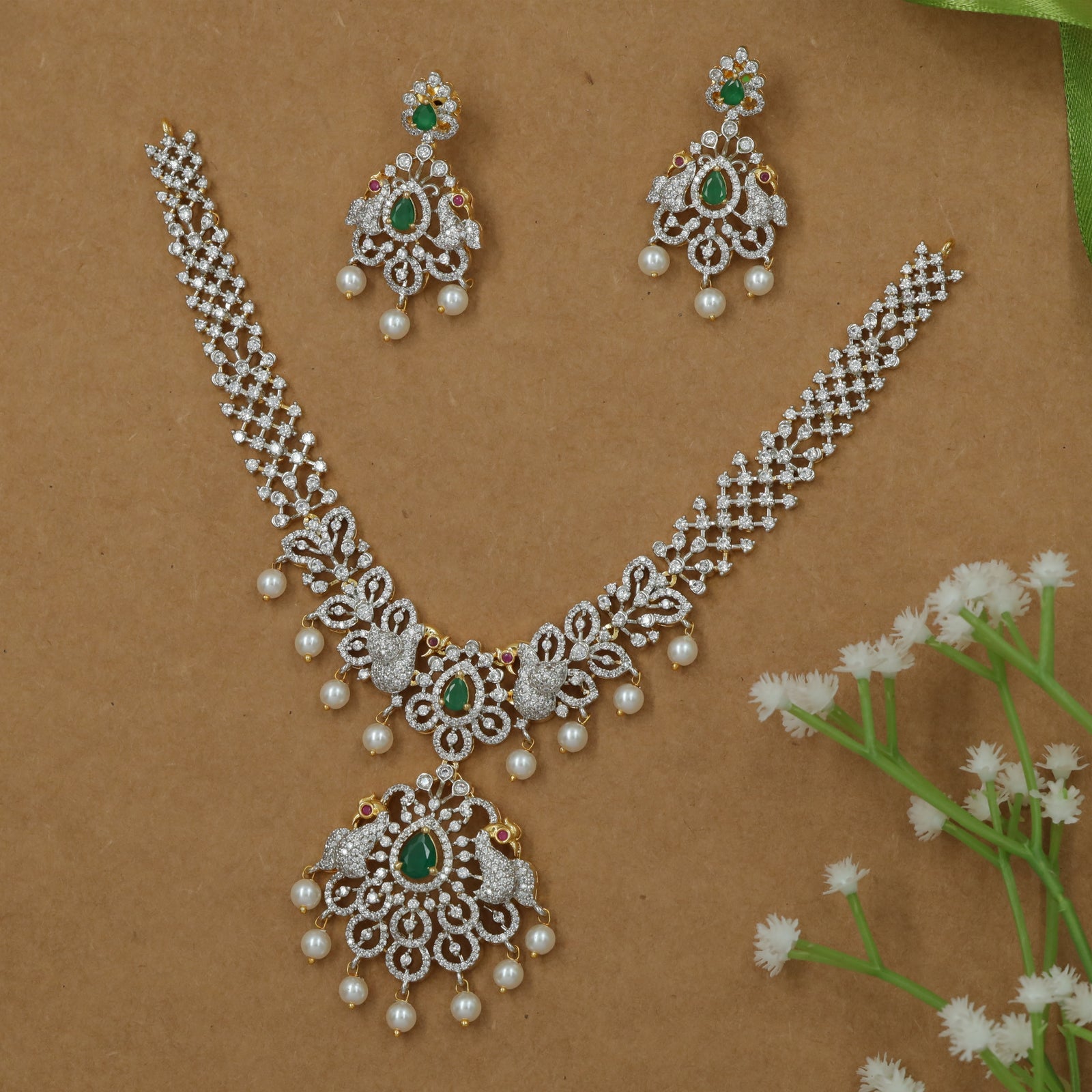 Bridal Peacock Design Necklace with Central Drop Focus