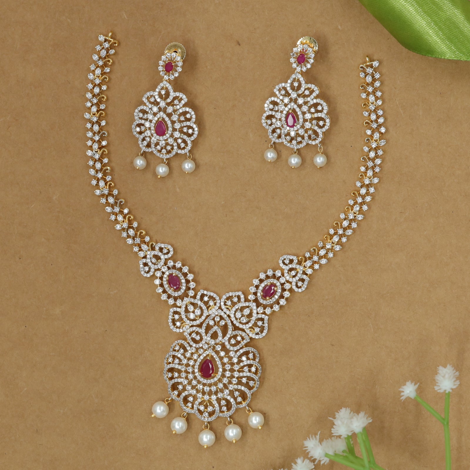 Luxury Ruby Drop Necklace Set with Pearl Accents