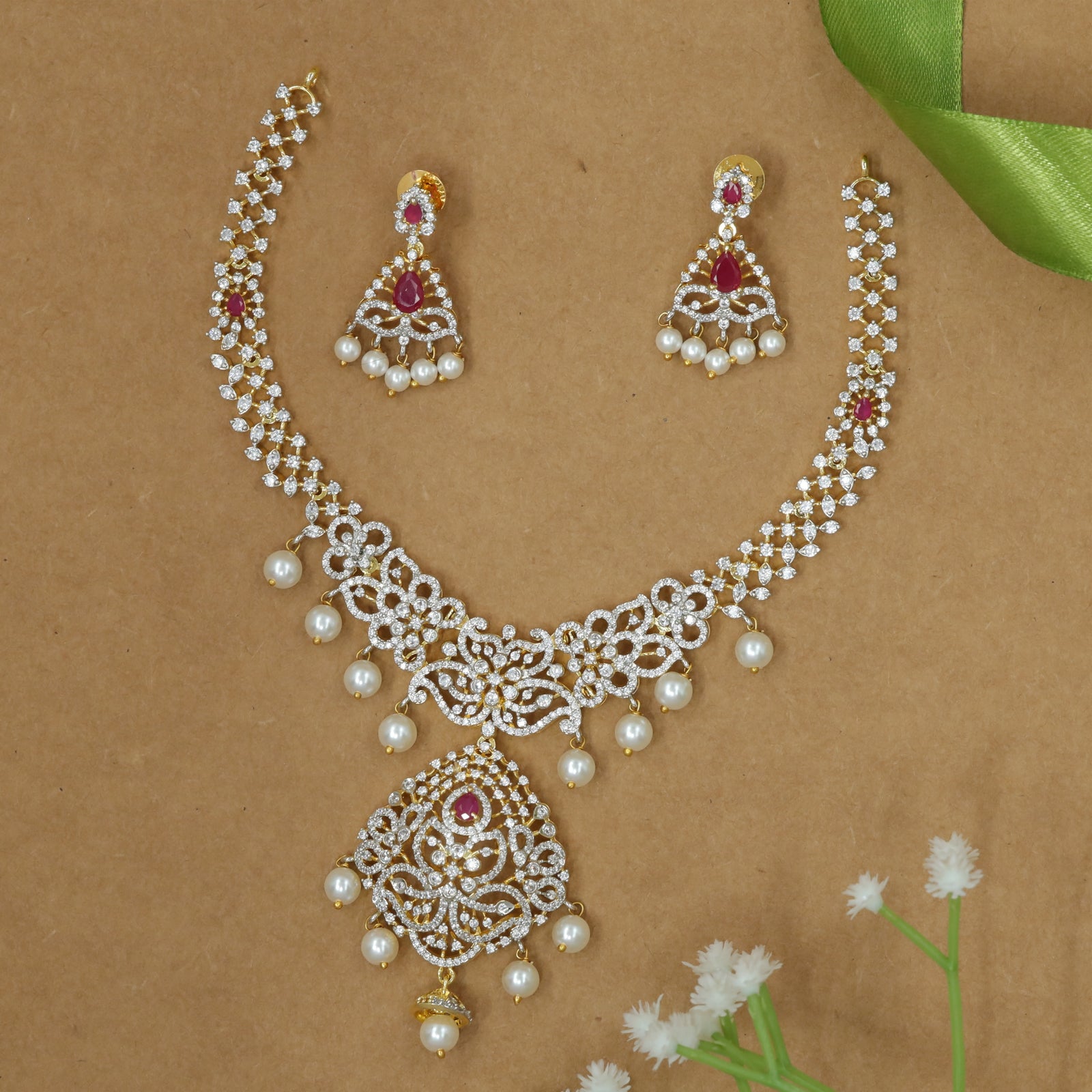 Royal Ruby & Pearl Drop Necklace Set with Sparkling Crystal Finish