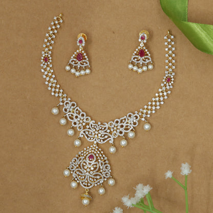 Royal Ruby & Pearl Drop Necklace Set with Sparkling Crystal Finish