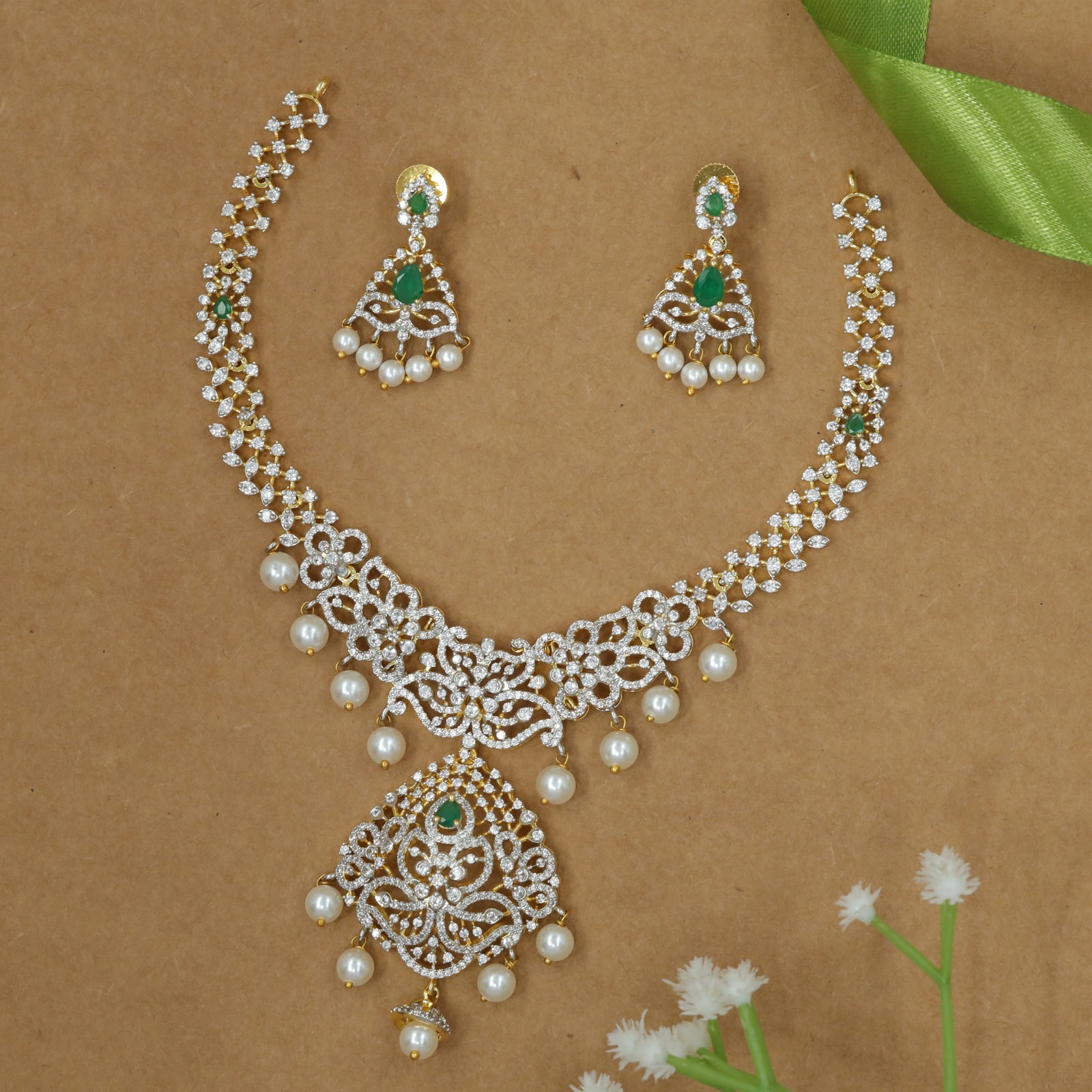 Royal Ruby & Pearl Drop Necklace Set with Sparkling Crystal Finish