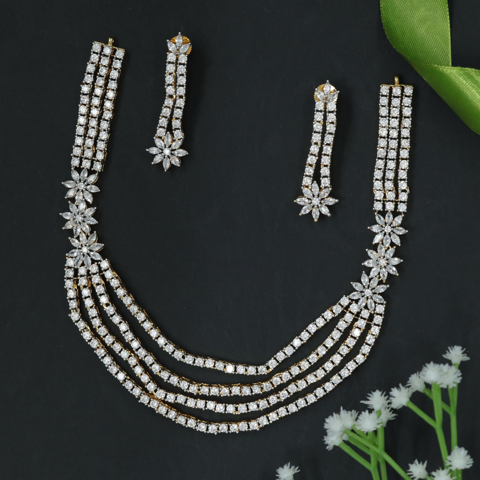 Floral-Joined Triple Row Necklace