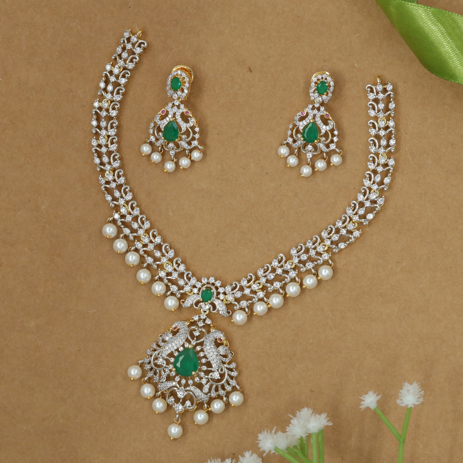 Peacock Motif CZ Necklace Set with Leaf-Link Chain and Pearl Drops