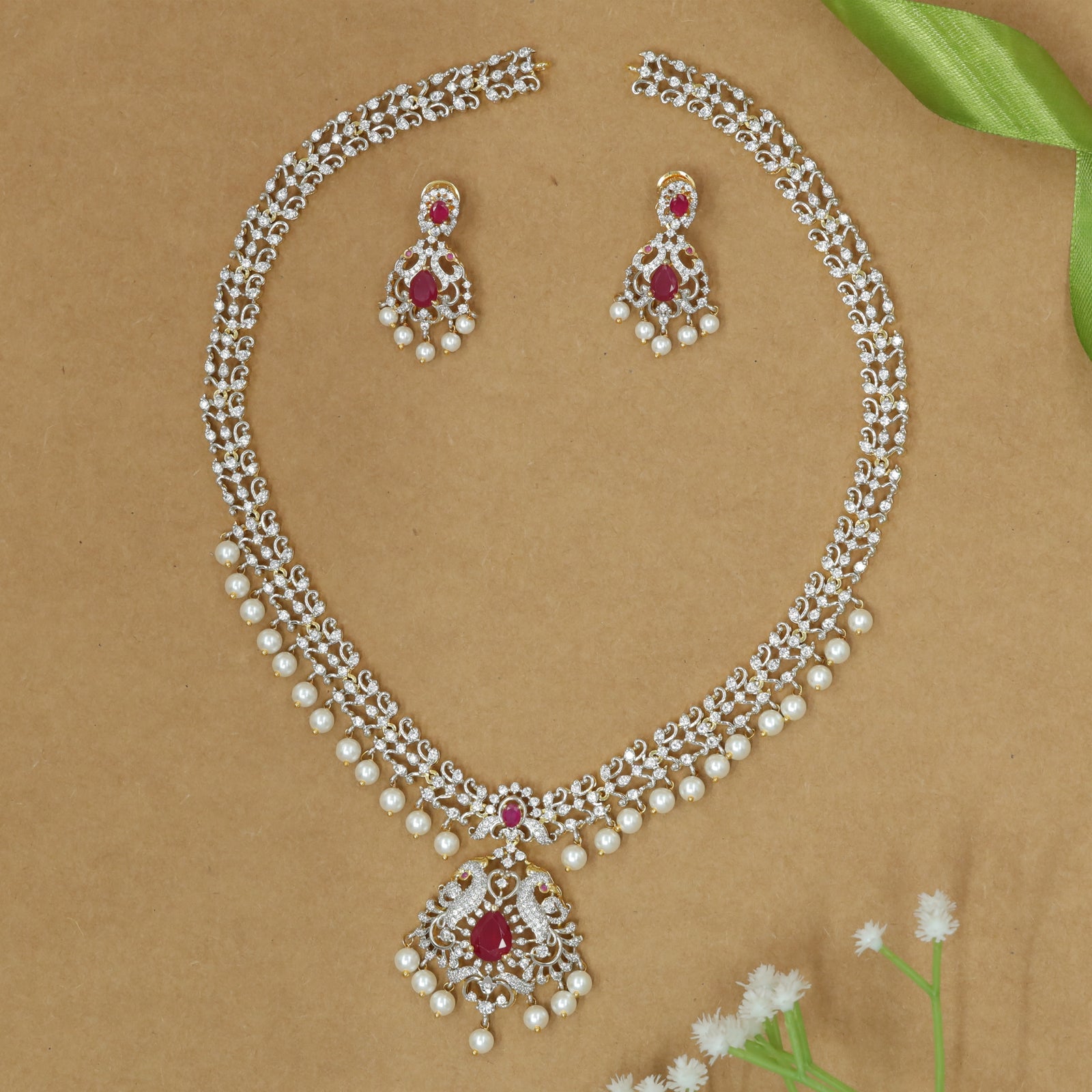 Premium Traditional Necklace With Pearl Lined Edge and Peacock Drop Pendant