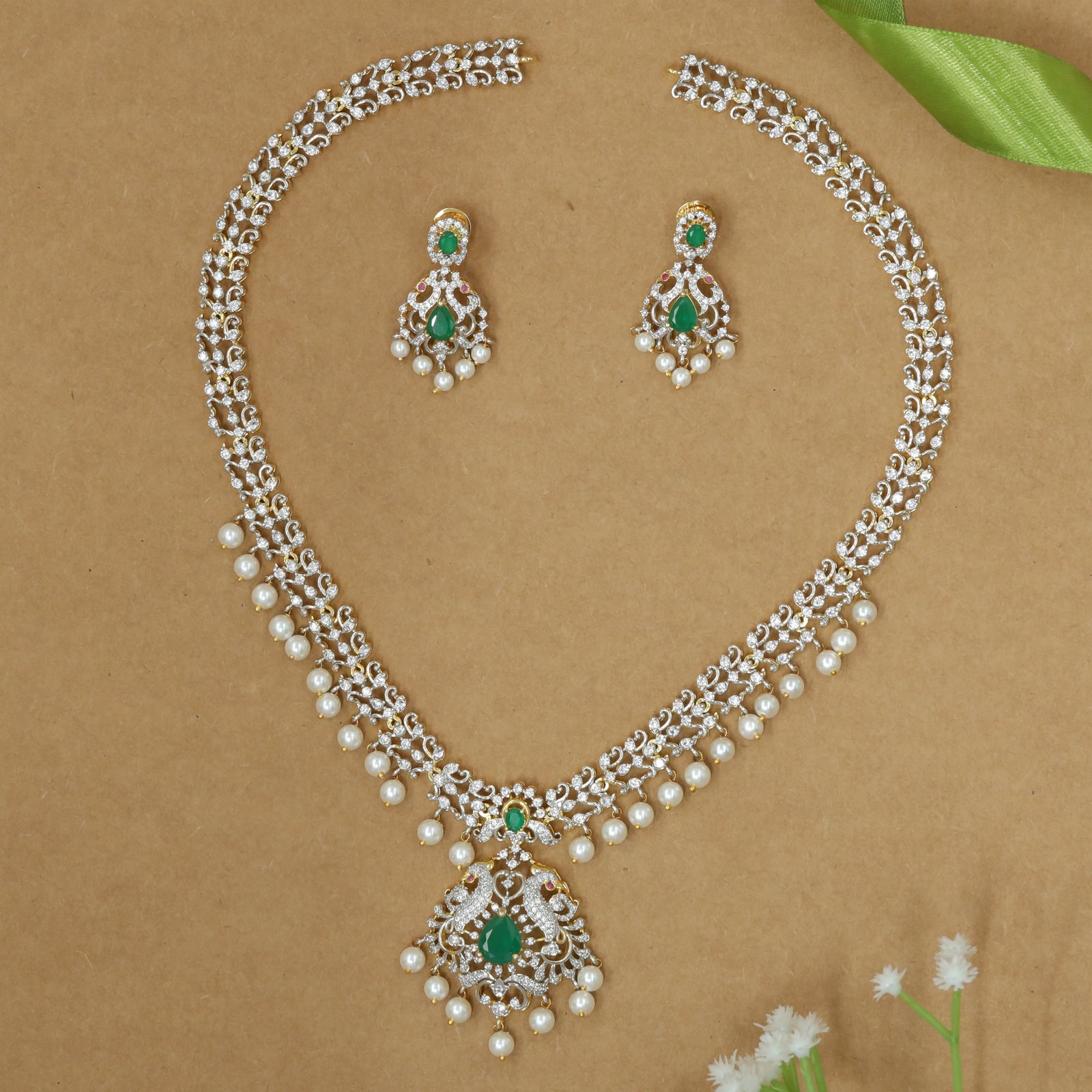 Premium Traditional Necklace With Pearl Lined Edge and Peacock Drop Pendant
