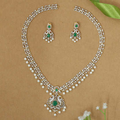 Premium Traditional Necklace With Pearl Lined Edge and Peacock Drop Pendant