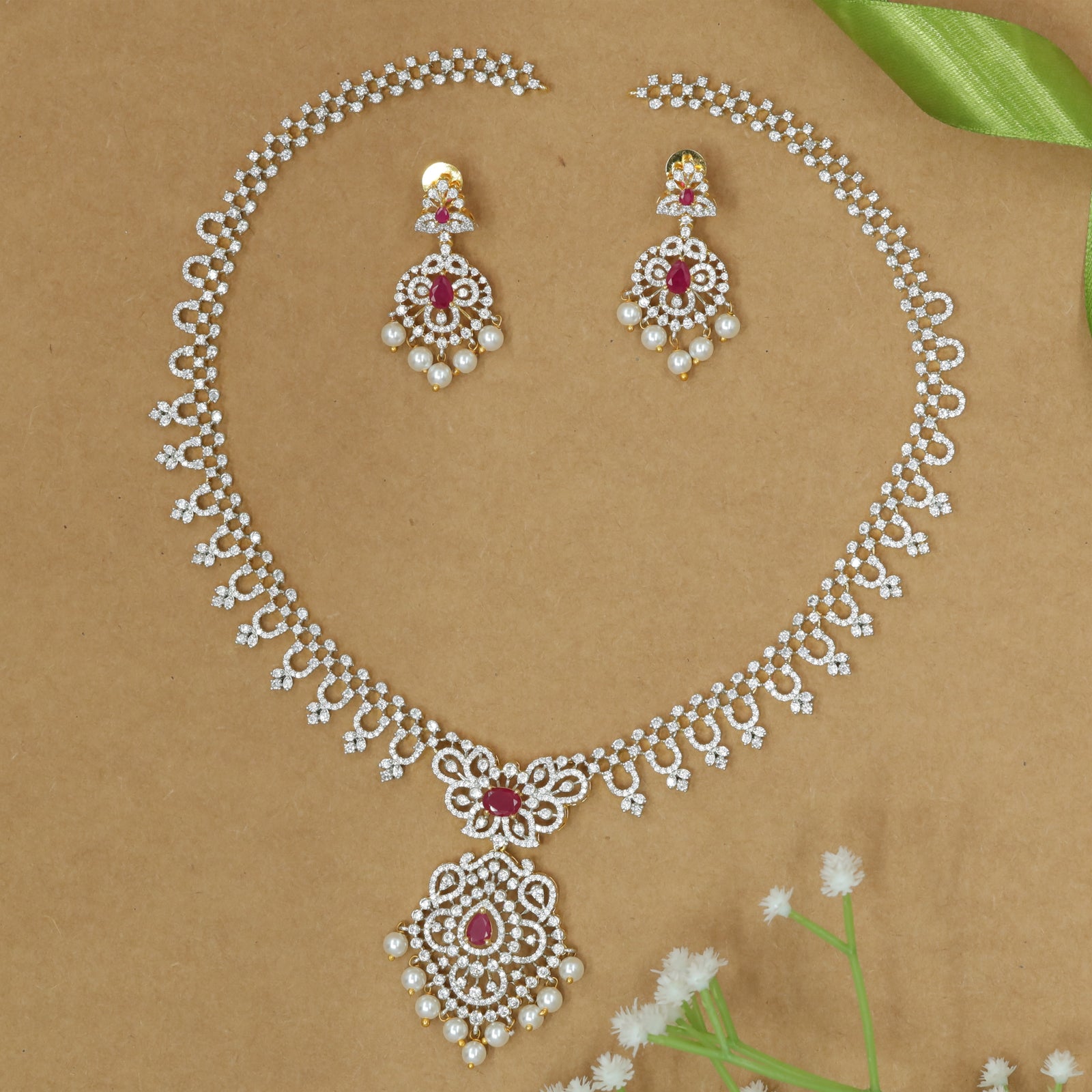 Ornamental Link Necklace with Pearl Drop Fringe and Central Floral Pendant