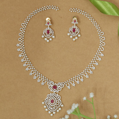 Ornamental Link Necklace with Pearl Drop Fringe and Central Floral Pendant