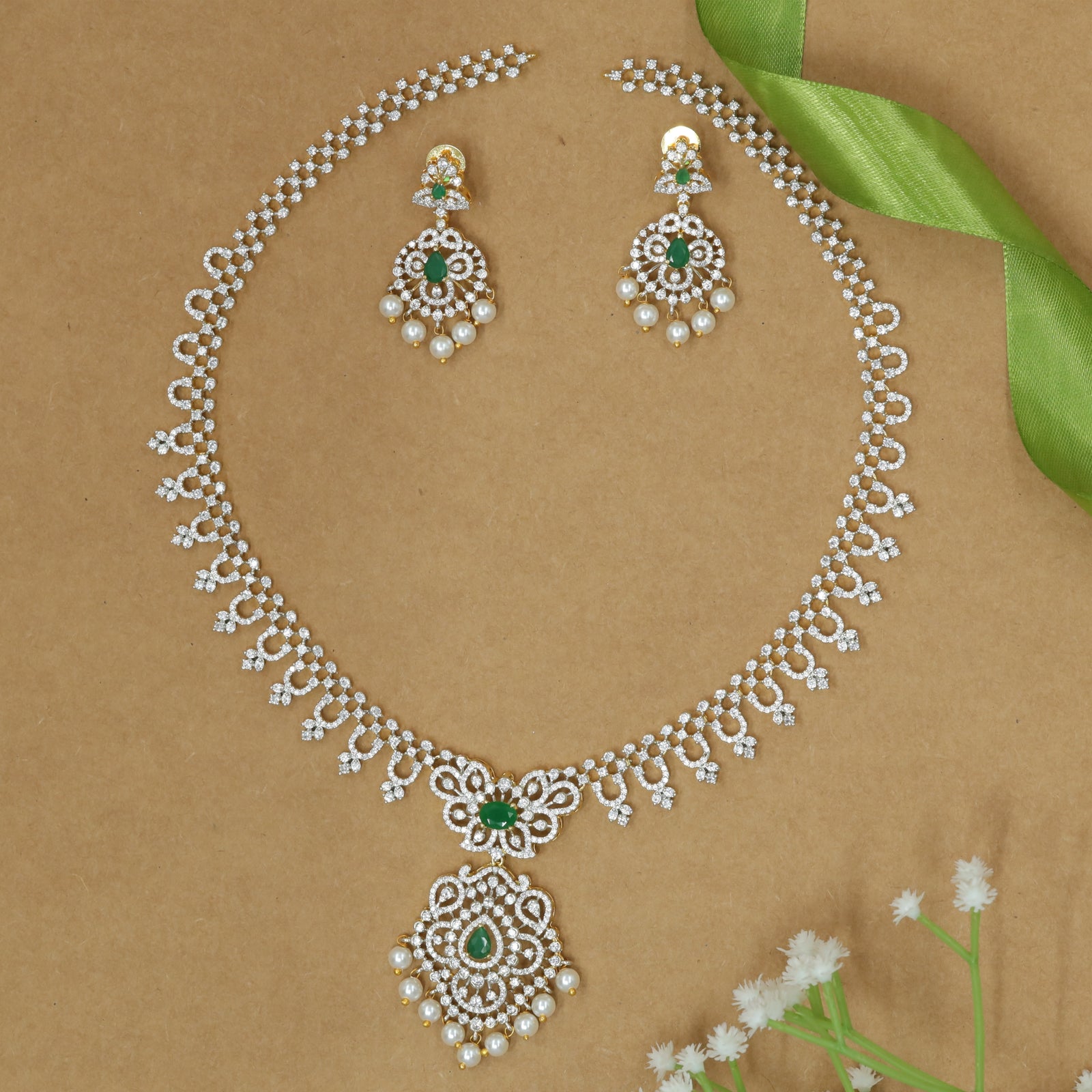 Ornamental Link Necklace with Pearl Drop Fringe and Central Floral Pendant