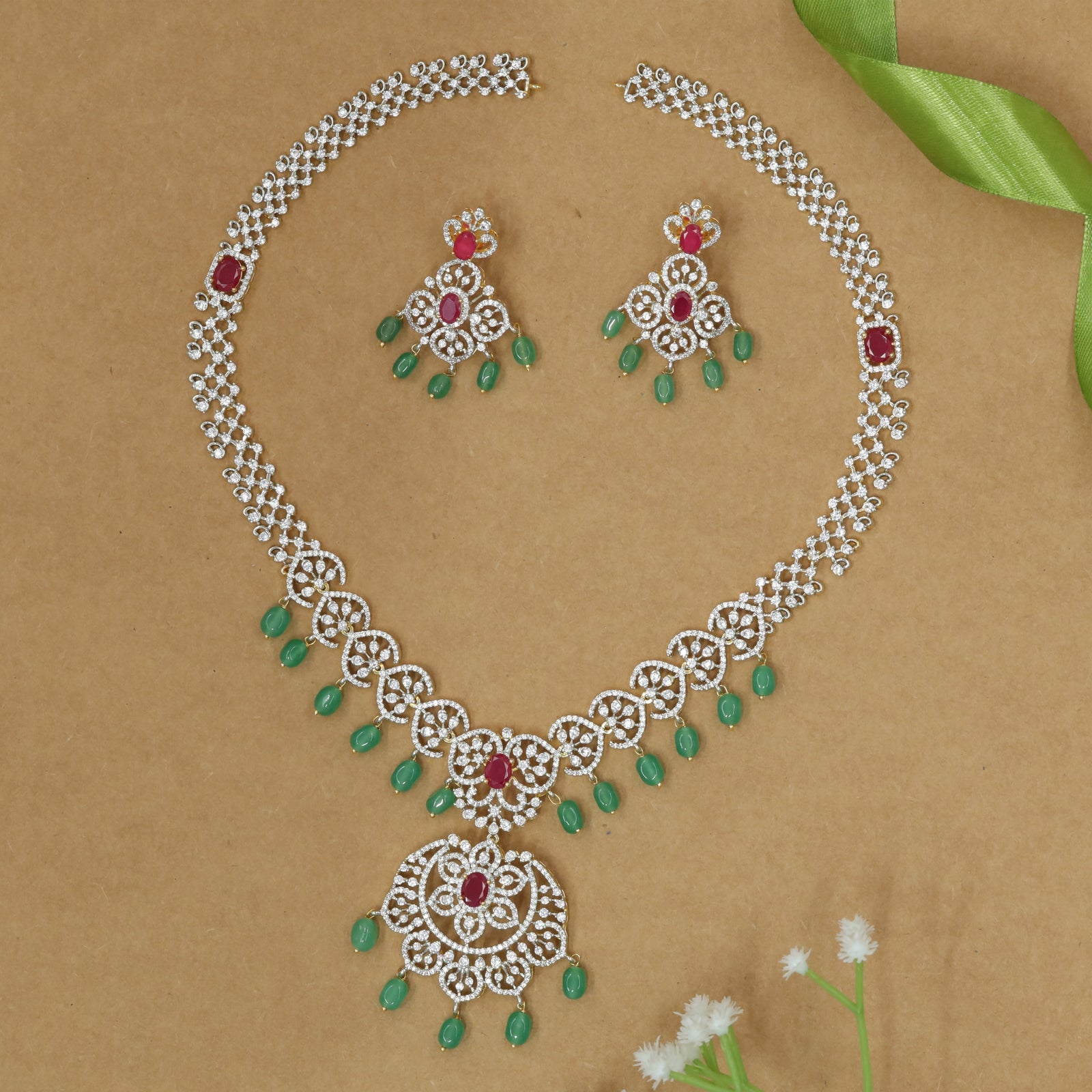 Traditional Pattern Long Haara with Interlinked Motifs and Drop Pendant