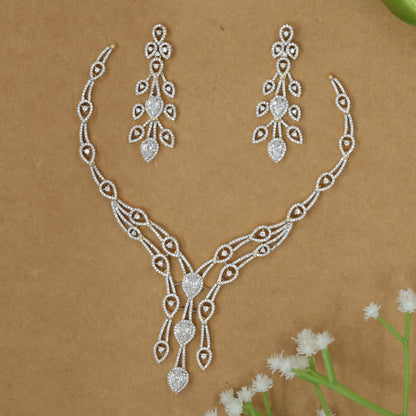 Graceful Leaf Motif Diamond-Style Necklace Set with Flowing Drop Design