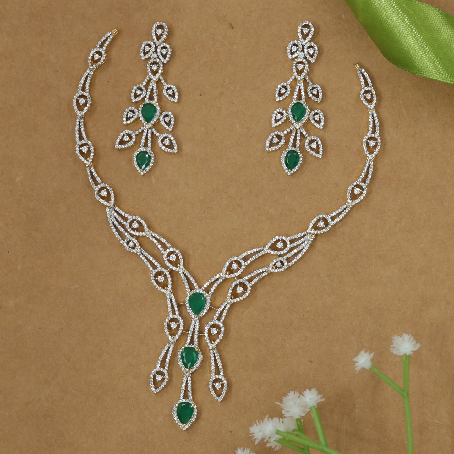 Graceful Leaf Motif Diamond-Style Necklace Set with Flowing Drop Design