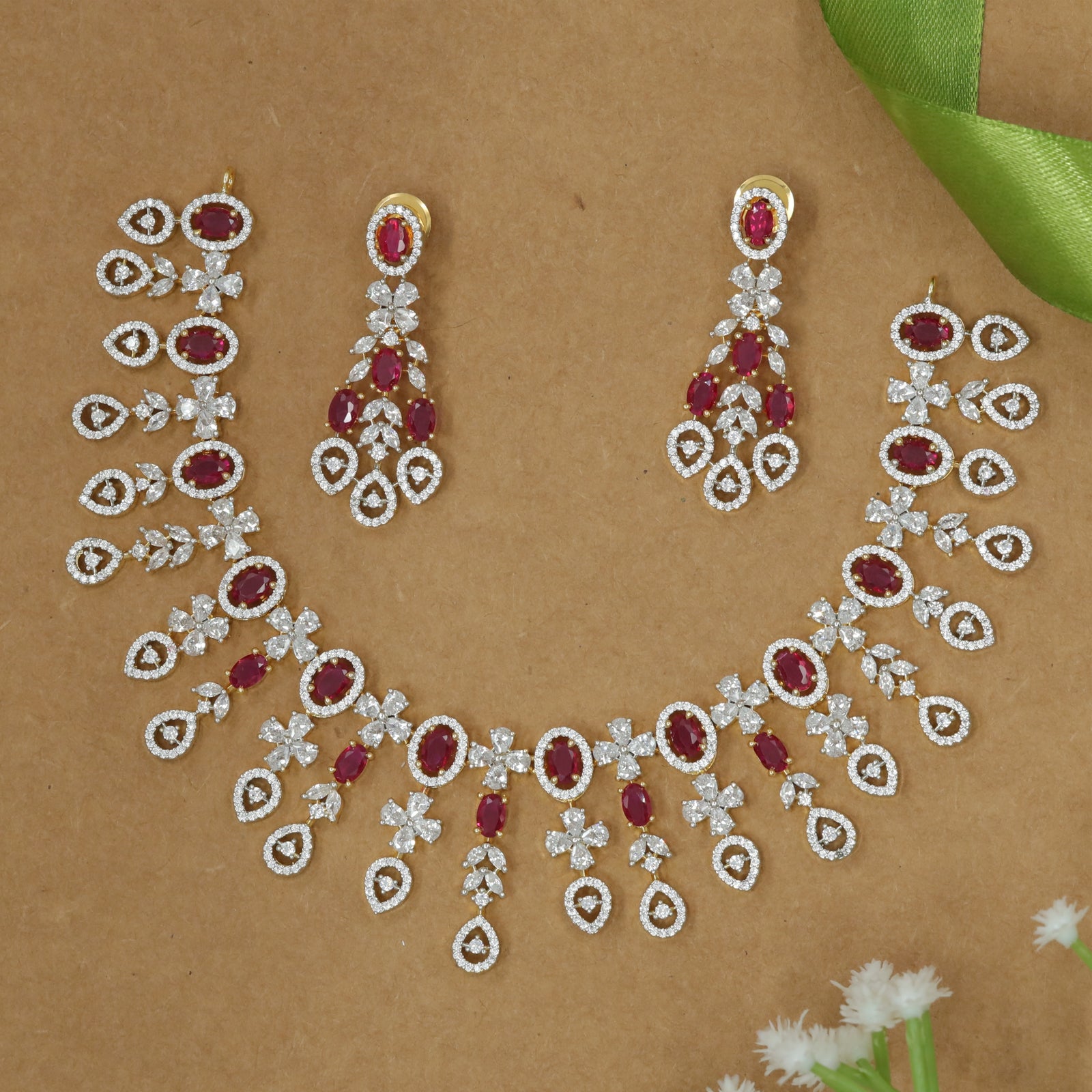 Designer Necklace Set Featuring Oval Ruby Stones and Dangling Crystal Drops