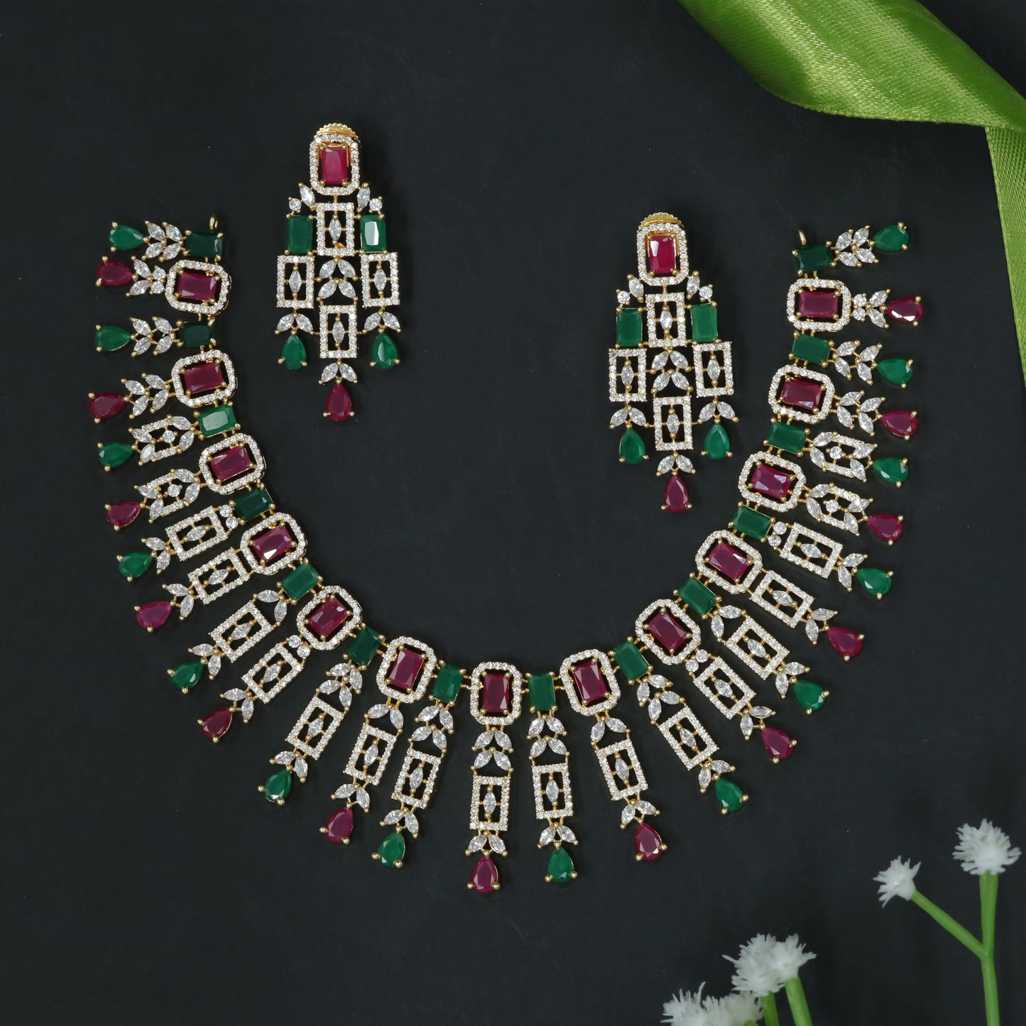 Luxury Geometric Diamond Finish Necklace Set with Ruby and Emerald Stones