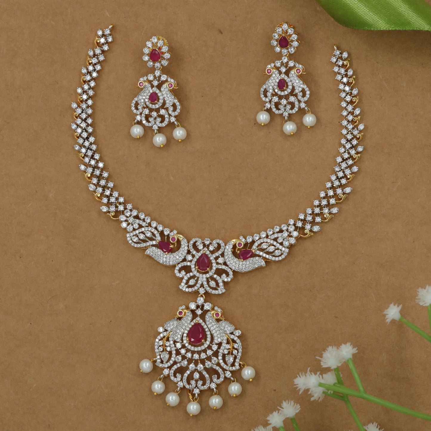 Royal Peacock Motif Necklace Set with Floral Wings and Pearl Drops