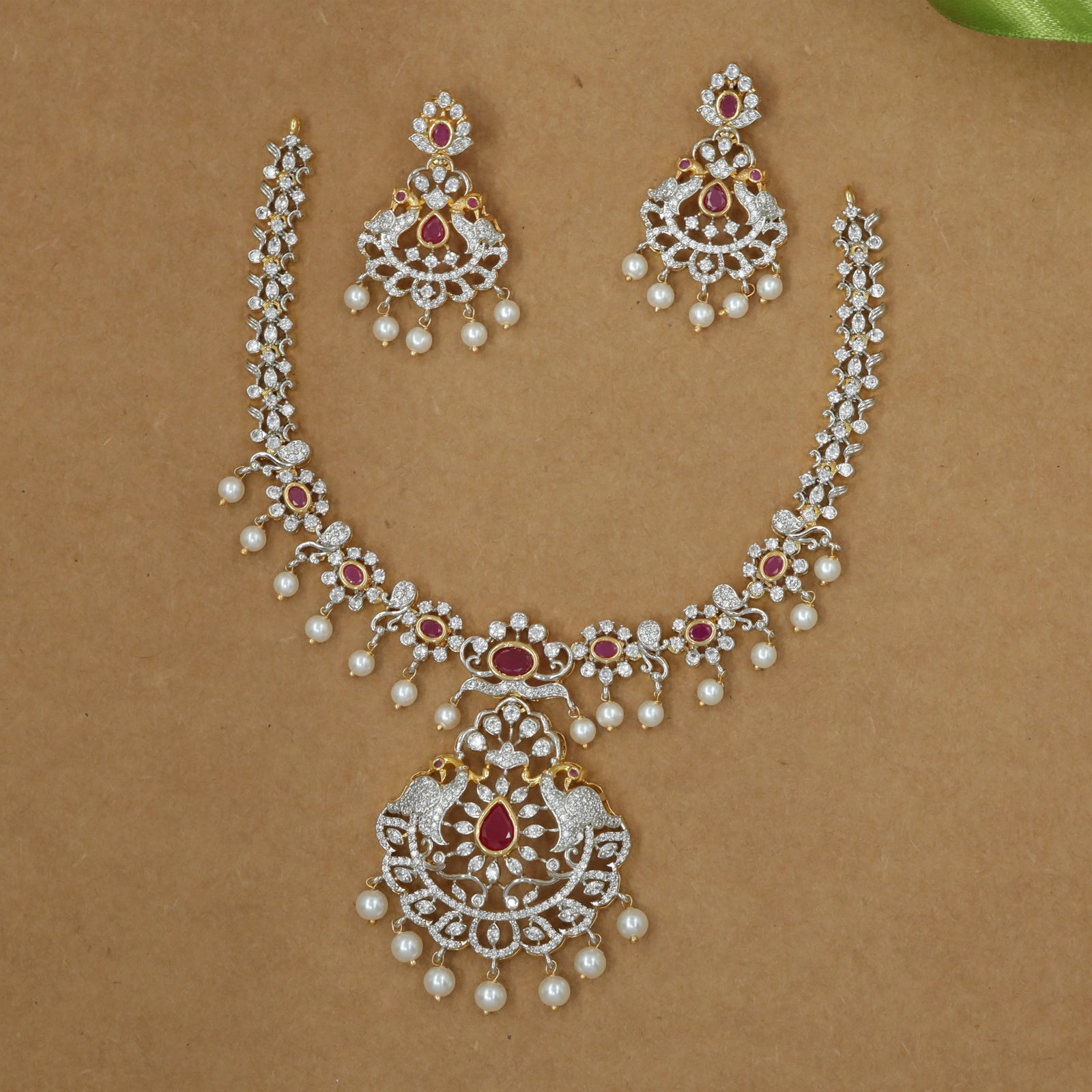 Luxury Ruby-Tone Stone Necklace Set with Grand Peacock Pendant & Earrings