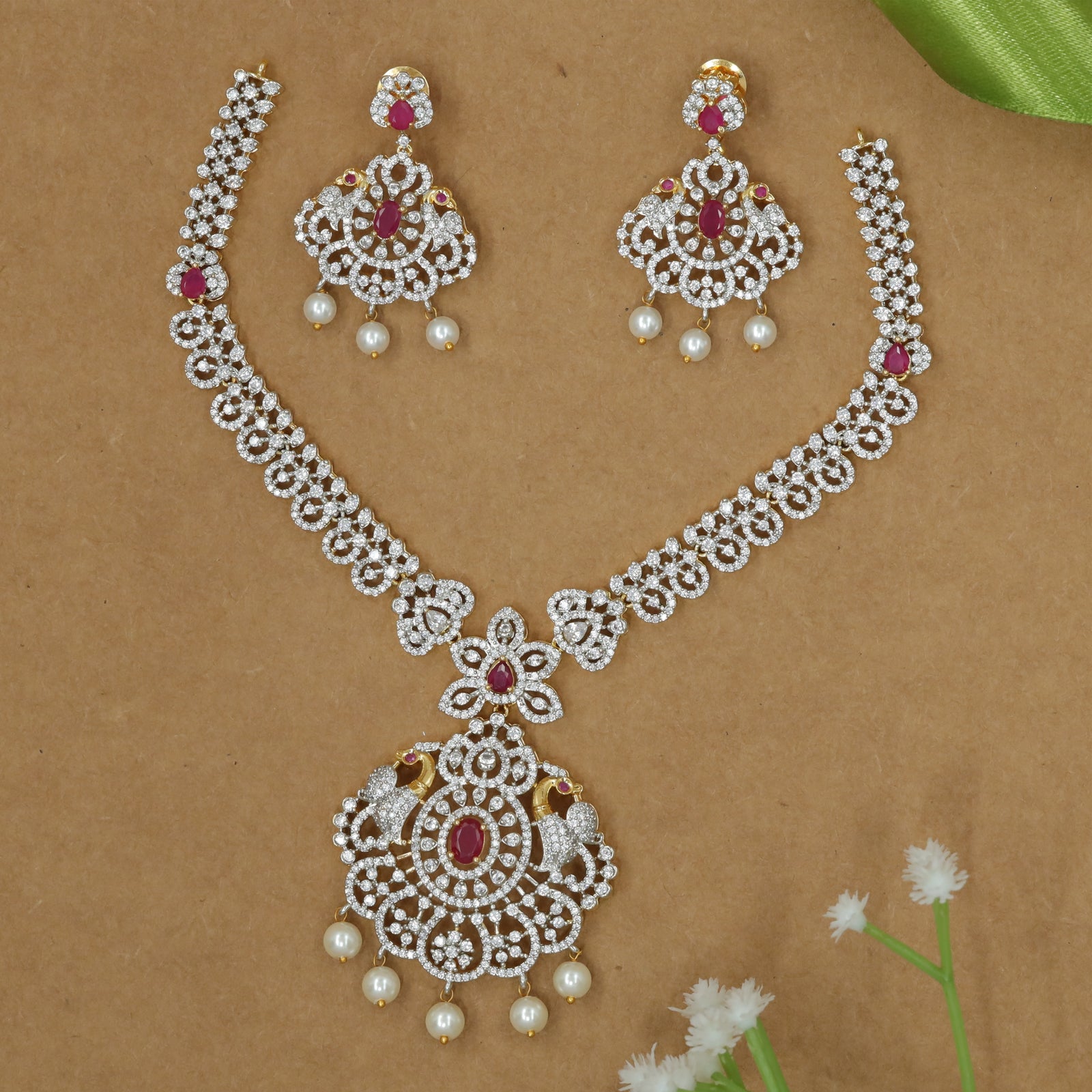 Grand Peacock Pendant Necklace Set with Ruby-Tone Stone Detailing