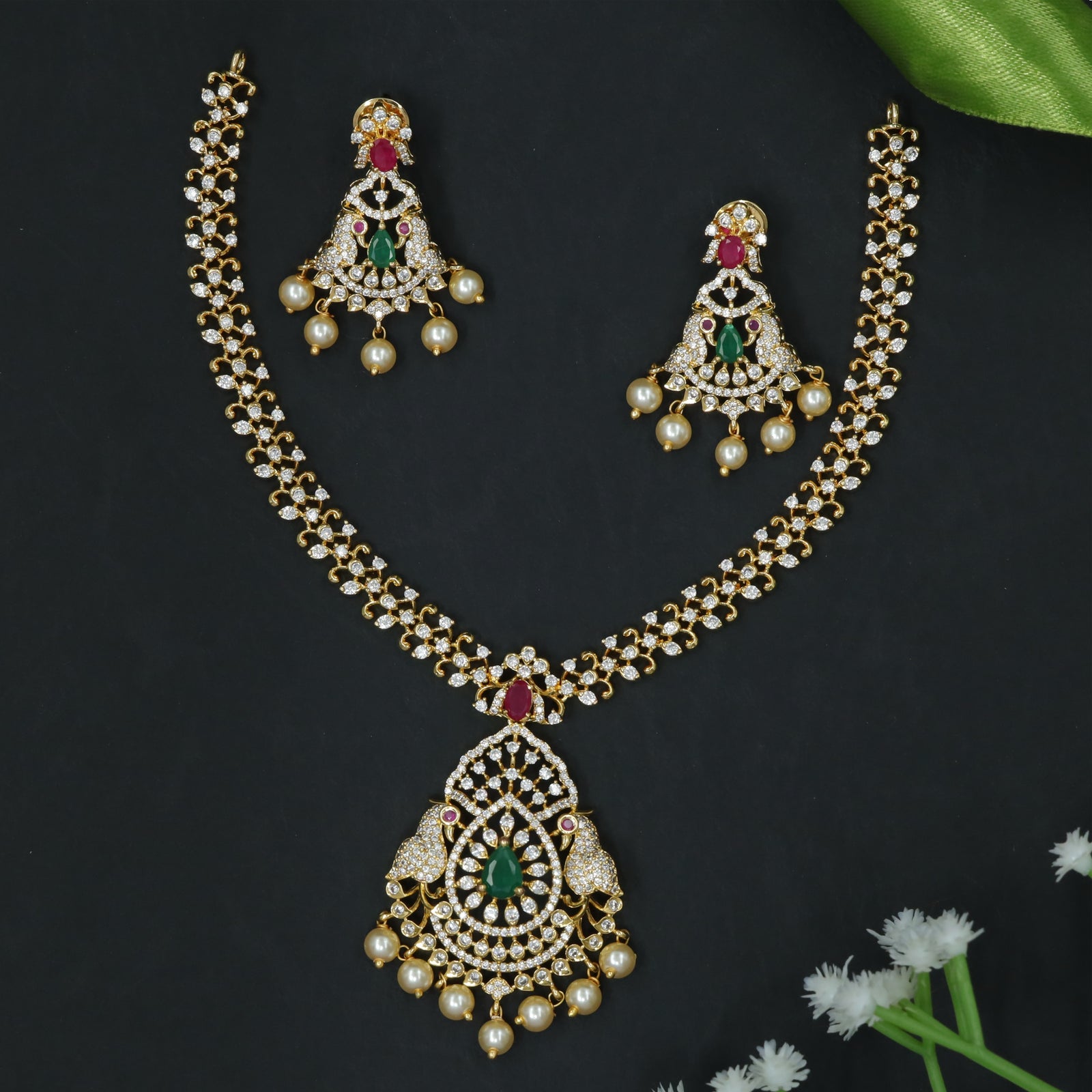 Premium Ruby & Emerald Stone Diamond Finish Necklace Set with Peacock Pendant