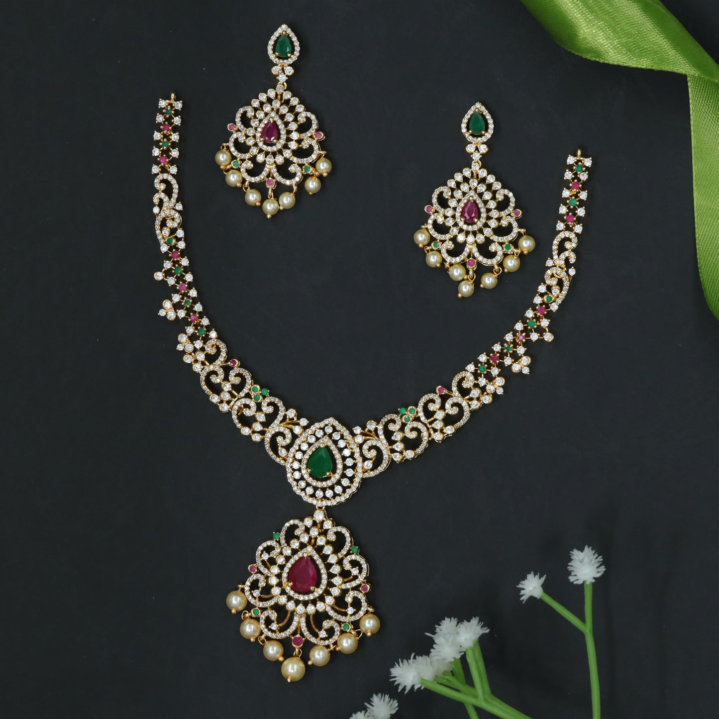 Luxury Statement Necklace Set with Ornate Drop Pendant and Floral Earrings