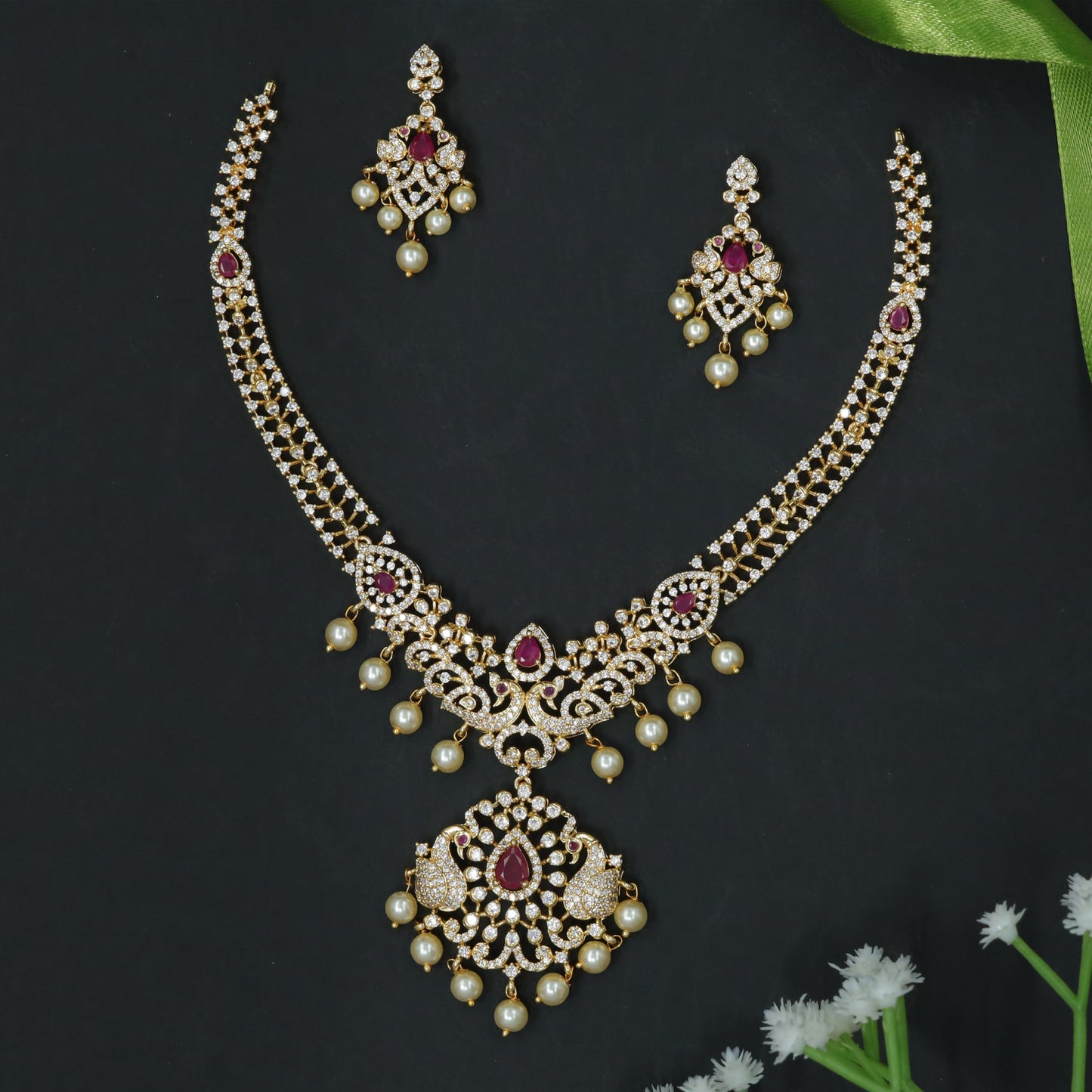 Luxury Diamond Finish Necklace Set with Peacock-Inspired Pendant