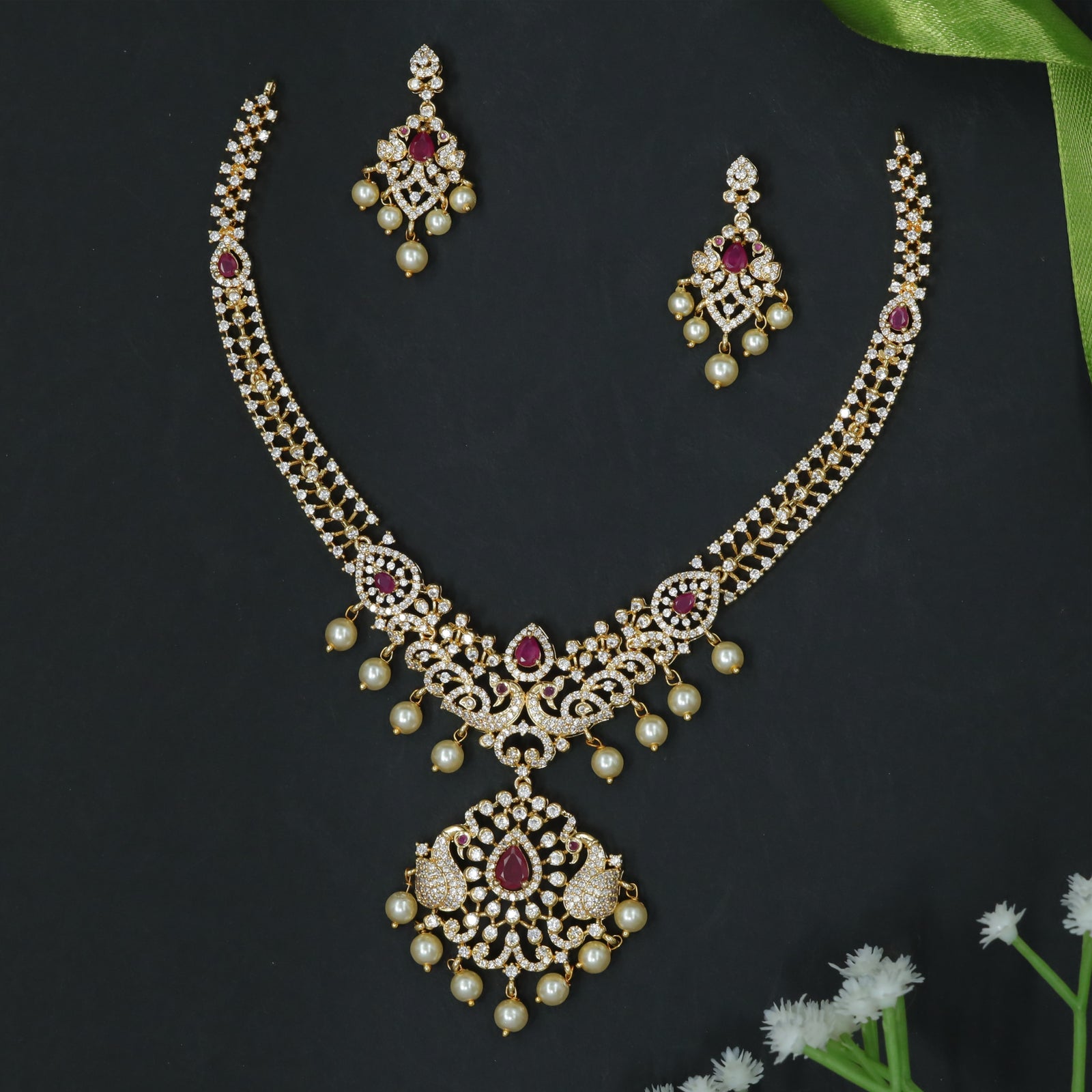 Luxury Diamond Finish Necklace Set with Peacock-Inspired Pendant