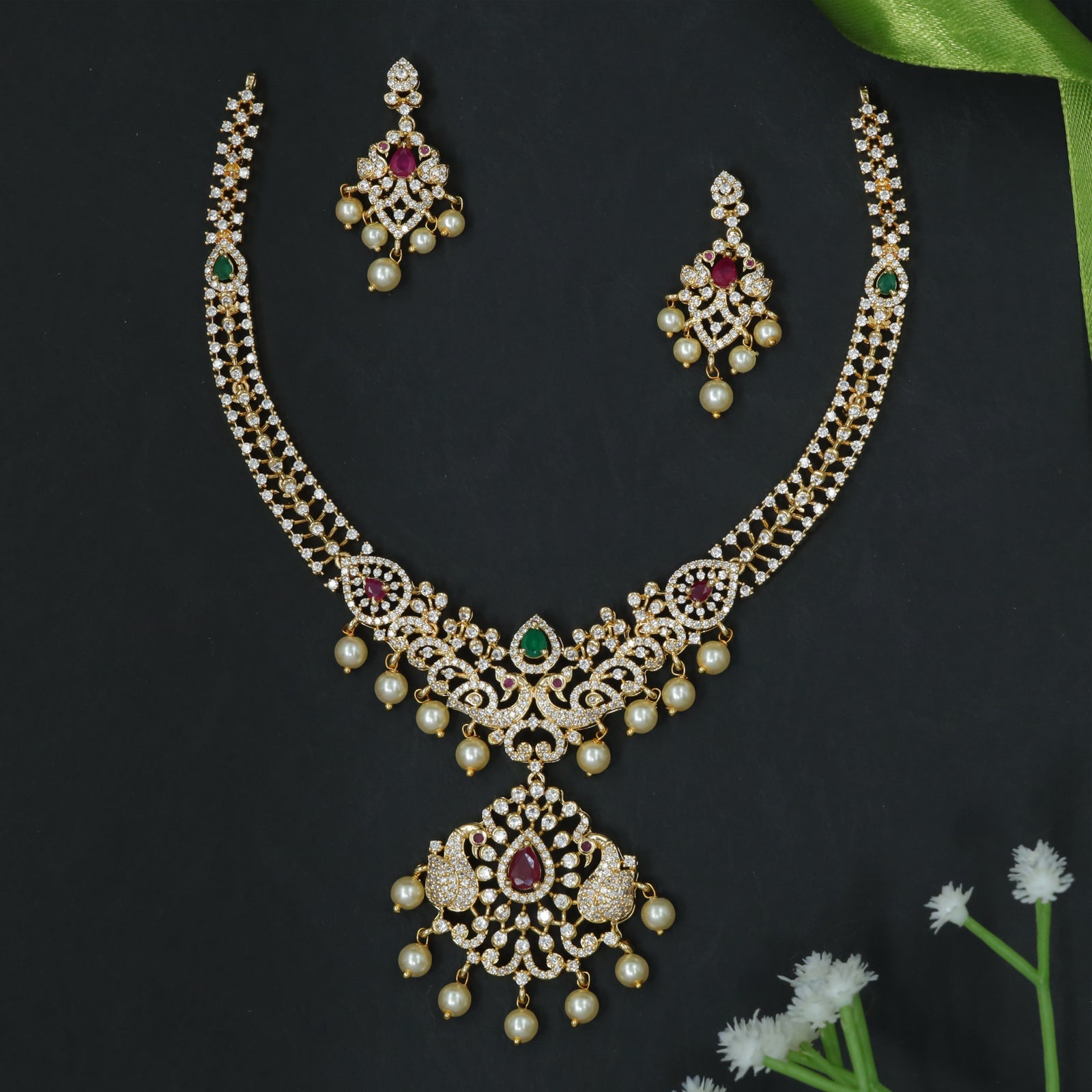 Luxury Diamond Finish Necklace Set with Peacock-Inspired Pendant