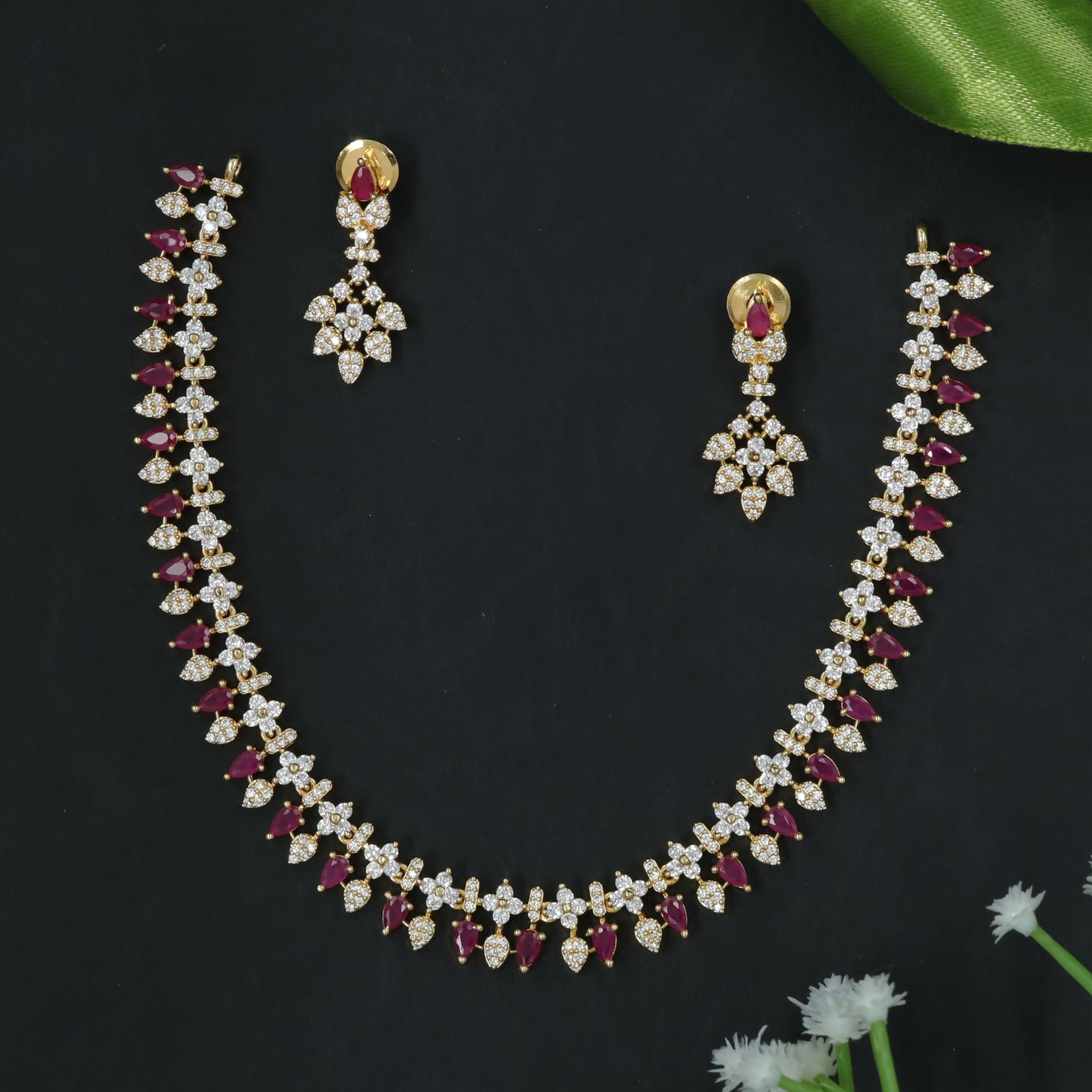 Elegant Diamond Finish Necklace Set with Leaf-Drop Design
